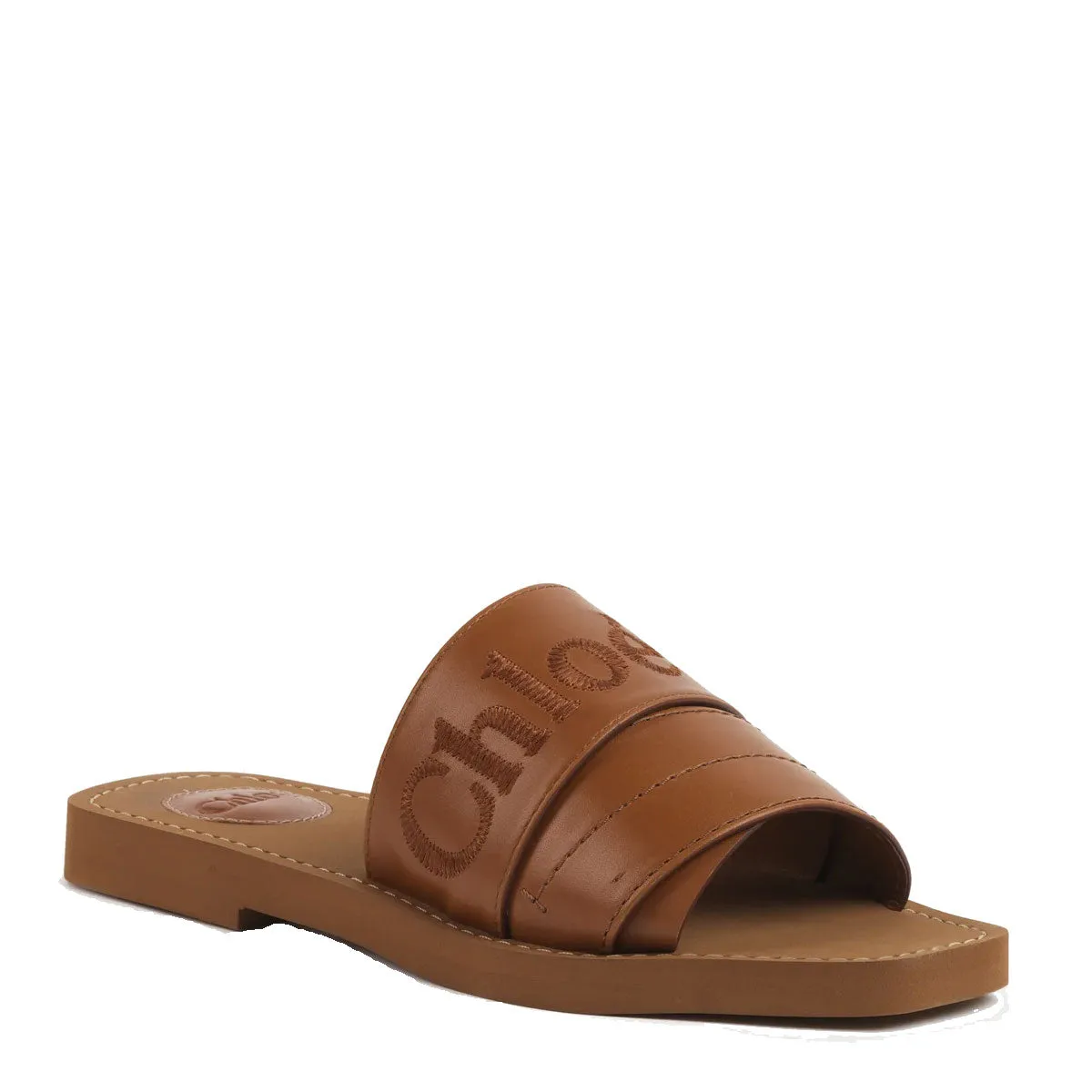 Chloé Shoes Woody Logo Leather Slide, Caramello