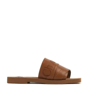 Chloé Shoes Woody Logo Leather Slide, Caramello