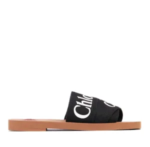 Chloé Shoes Woody Logo Slide Linen, Black