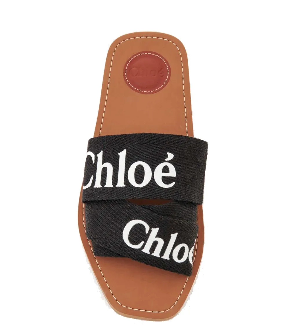 Chloé Shoes Woody Logo Slide Linen, Black