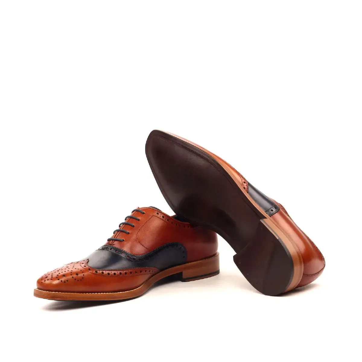 Dapperfam Shoes DapperFam Aeron in Cognac / Navy Men's Italian Leather Full Brogue