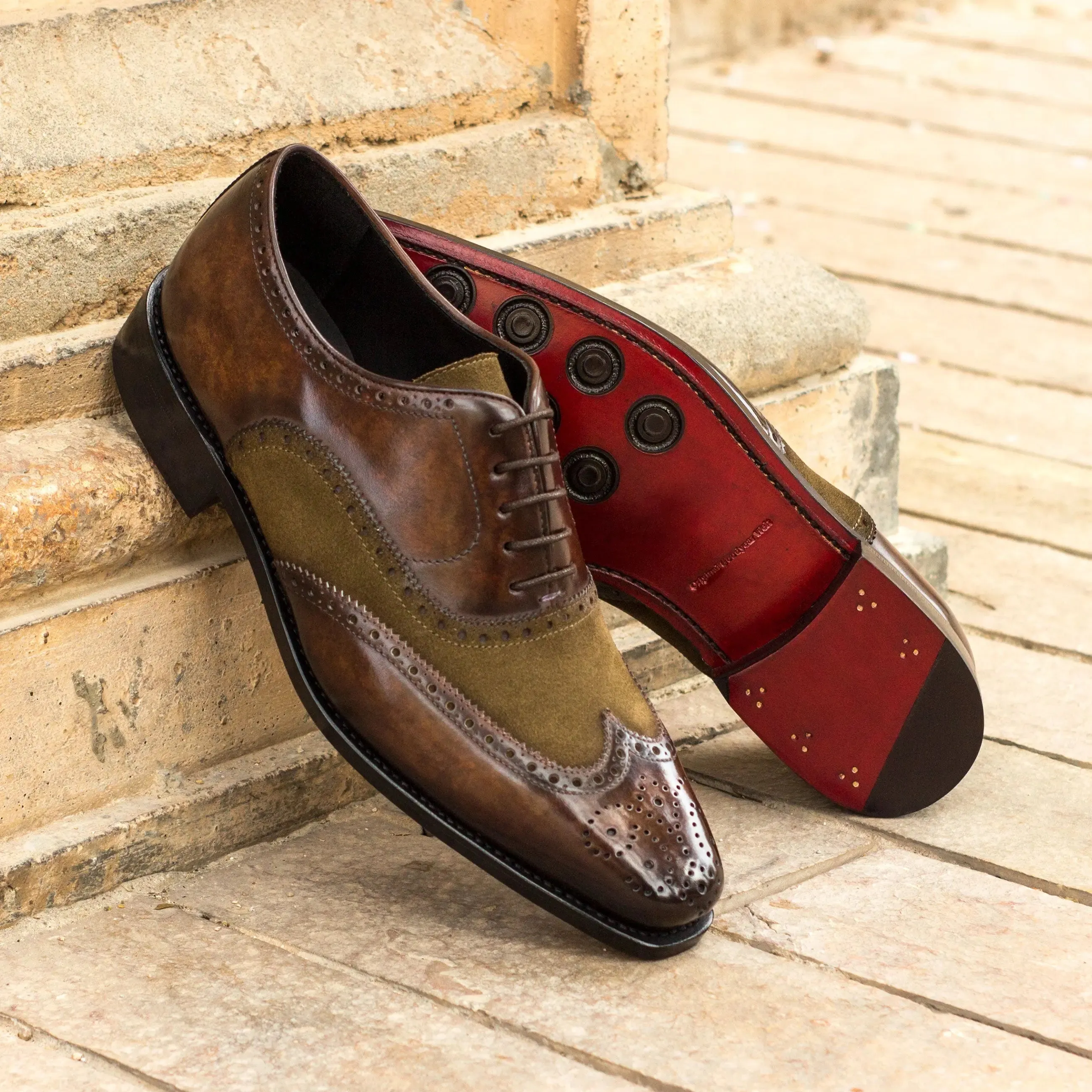 Dapperfam Shoes DapperFam Aeron in Khaki / Denim / Brown Men's Lux Suede & Hand-Painted Patina Full Brogue