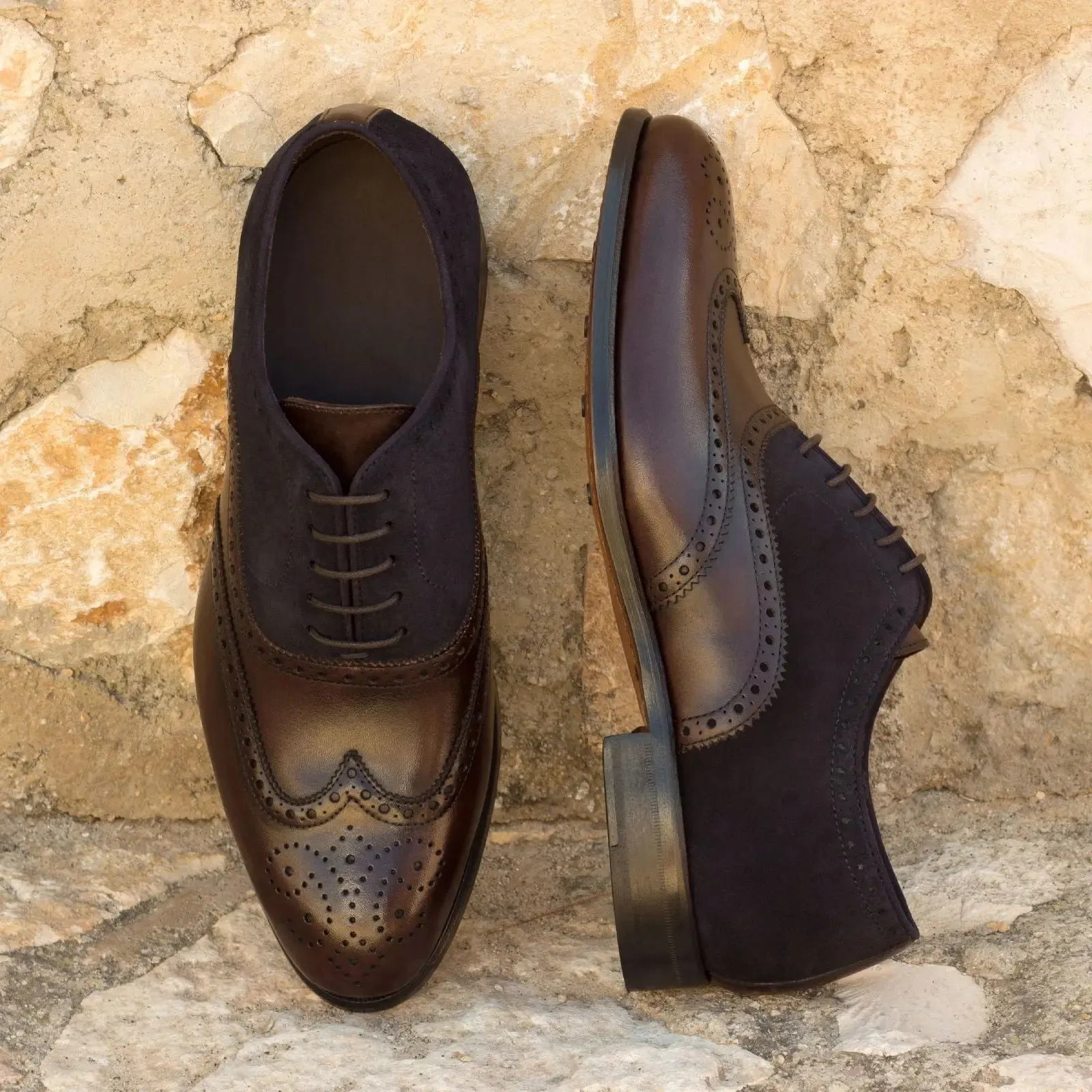 Dapperfam Shoes DapperFam Aeron in Navy / Dark Brown Men's Lux Suede & Italian Leather Full Brogue