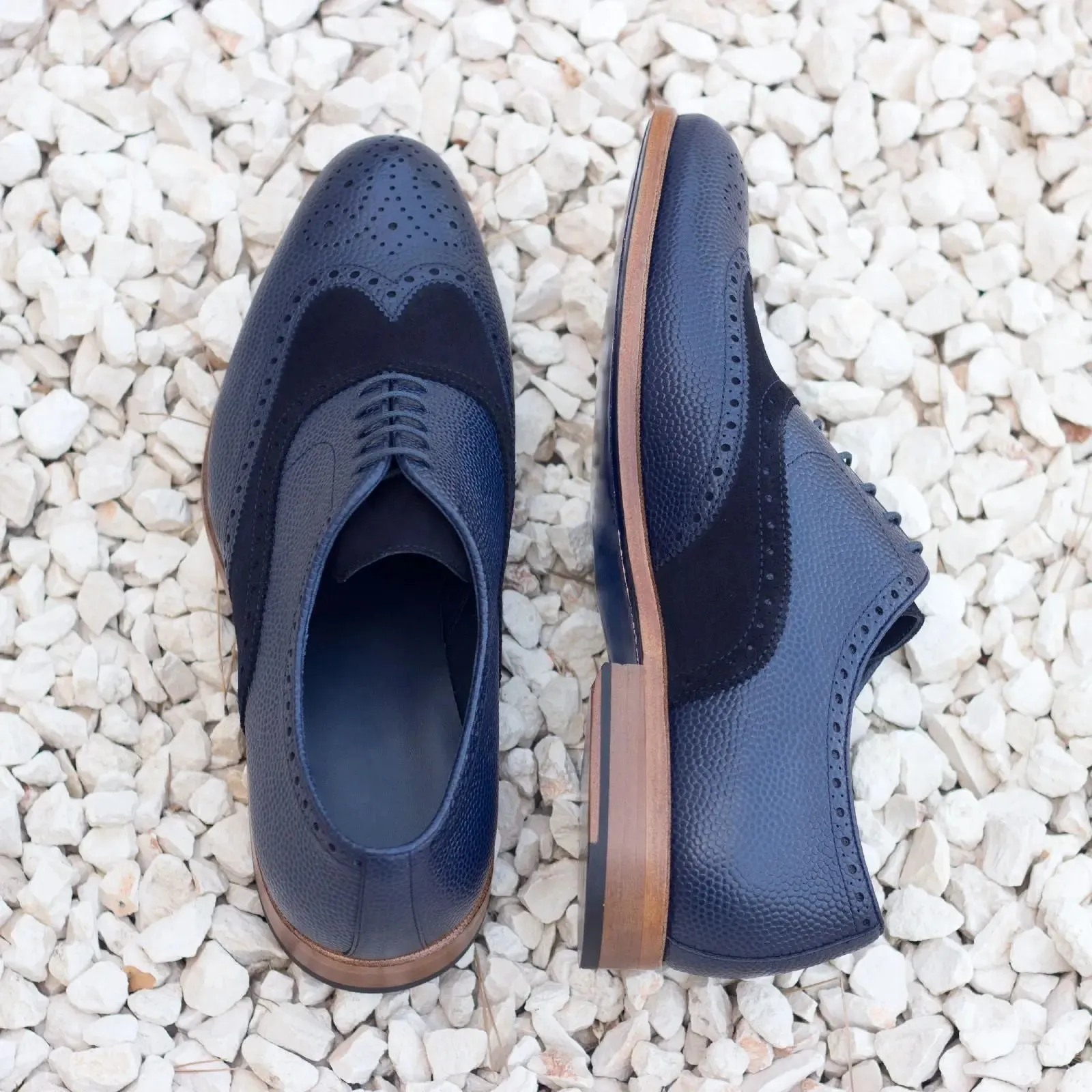 Dapperfam Shoes DapperFam Aeron in Navy Men's Lux Suede & Italian Pebble Grain Leather Full Brogue
