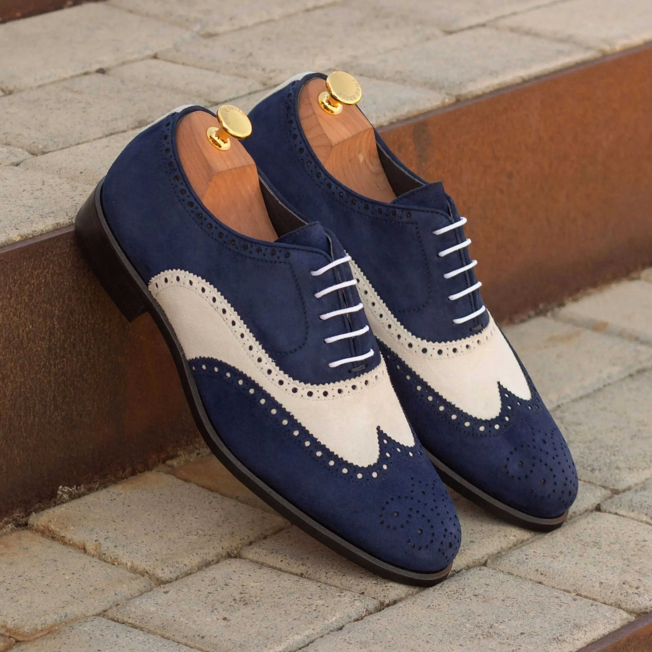 Dapperfam Shoes DapperFam Aeron in Navy / White Men's Italian Suede Full Brogue
