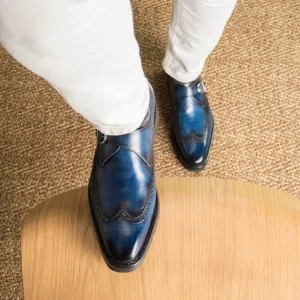 Dapperfam Shoes DapperFam Brenno in Denim Men's Hand-Painted Patina Single Monk