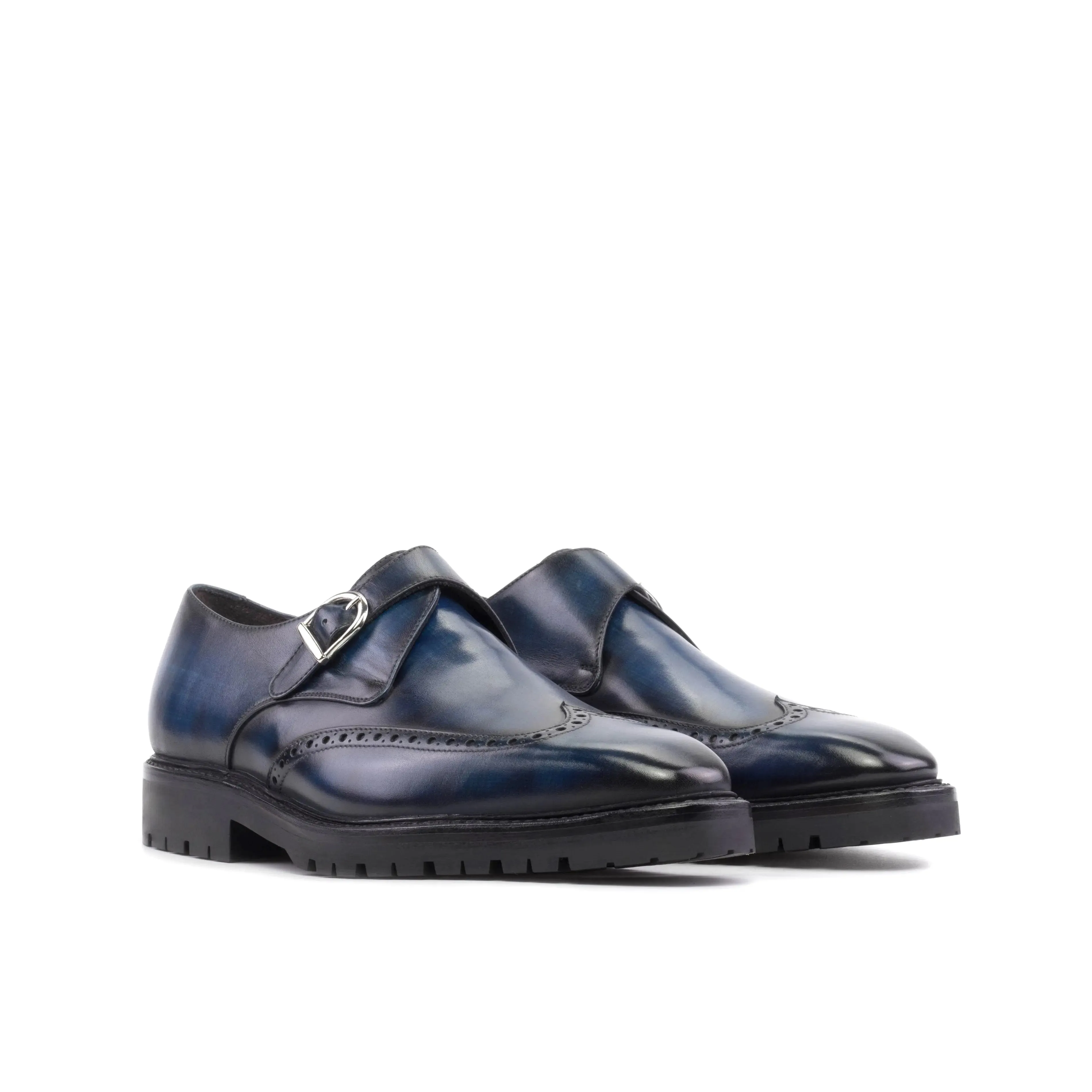 Dapperfam Shoes DapperFam Brenno in Denim Men's Hand-Painted Patina Single Monk