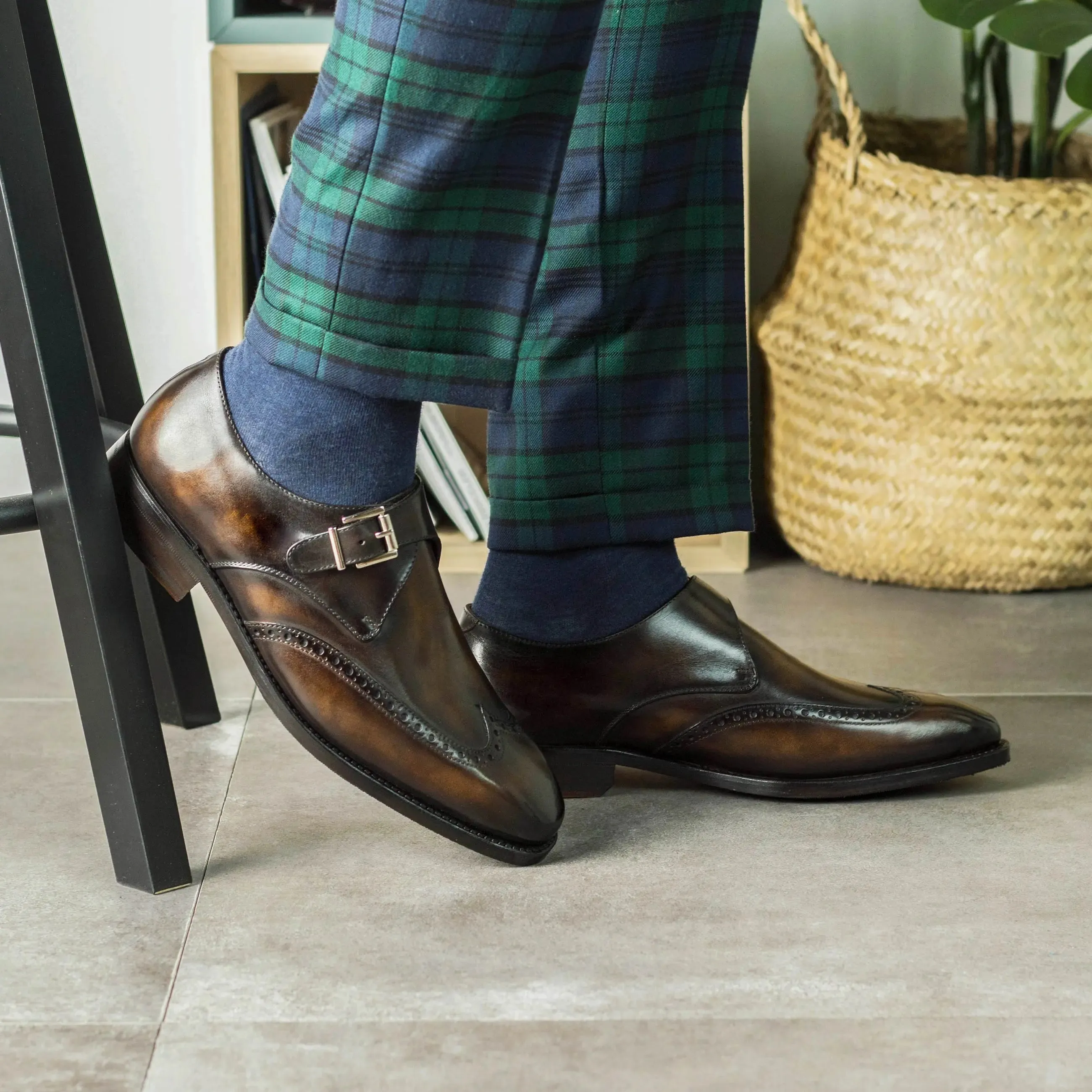 Dapperfam Shoes DapperFam Brenno in Tobacco Men's Hand-Painted Patina Single Monk