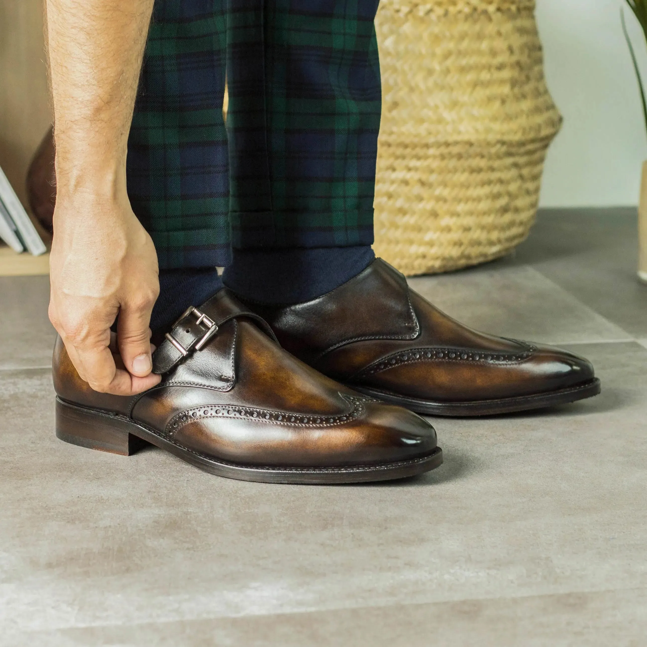 Dapperfam Shoes DapperFam Brenno in Tobacco Men's Hand-Painted Patina Single Monk