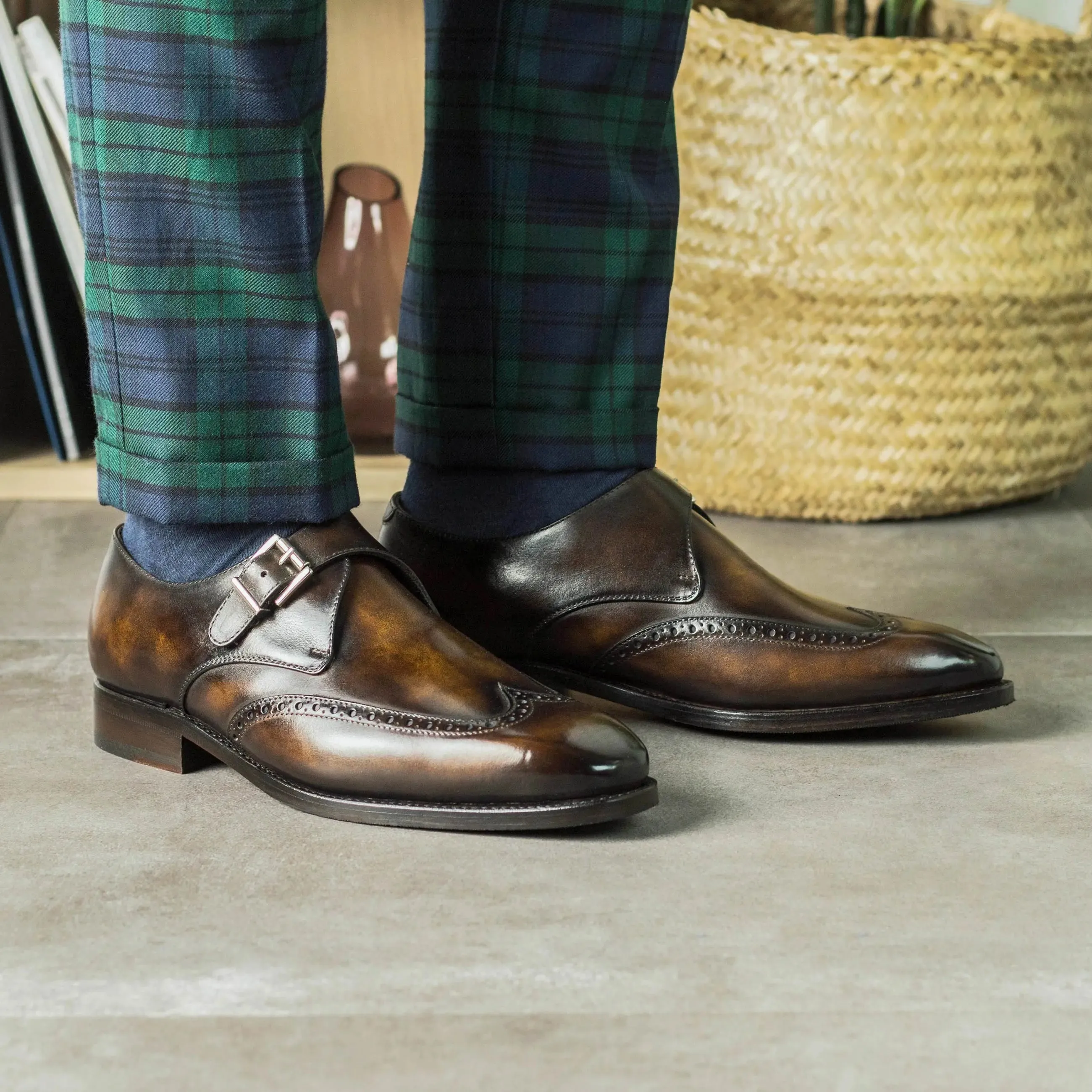 Dapperfam Shoes DapperFam Brenno in Tobacco Men's Hand-Painted Patina Single Monk