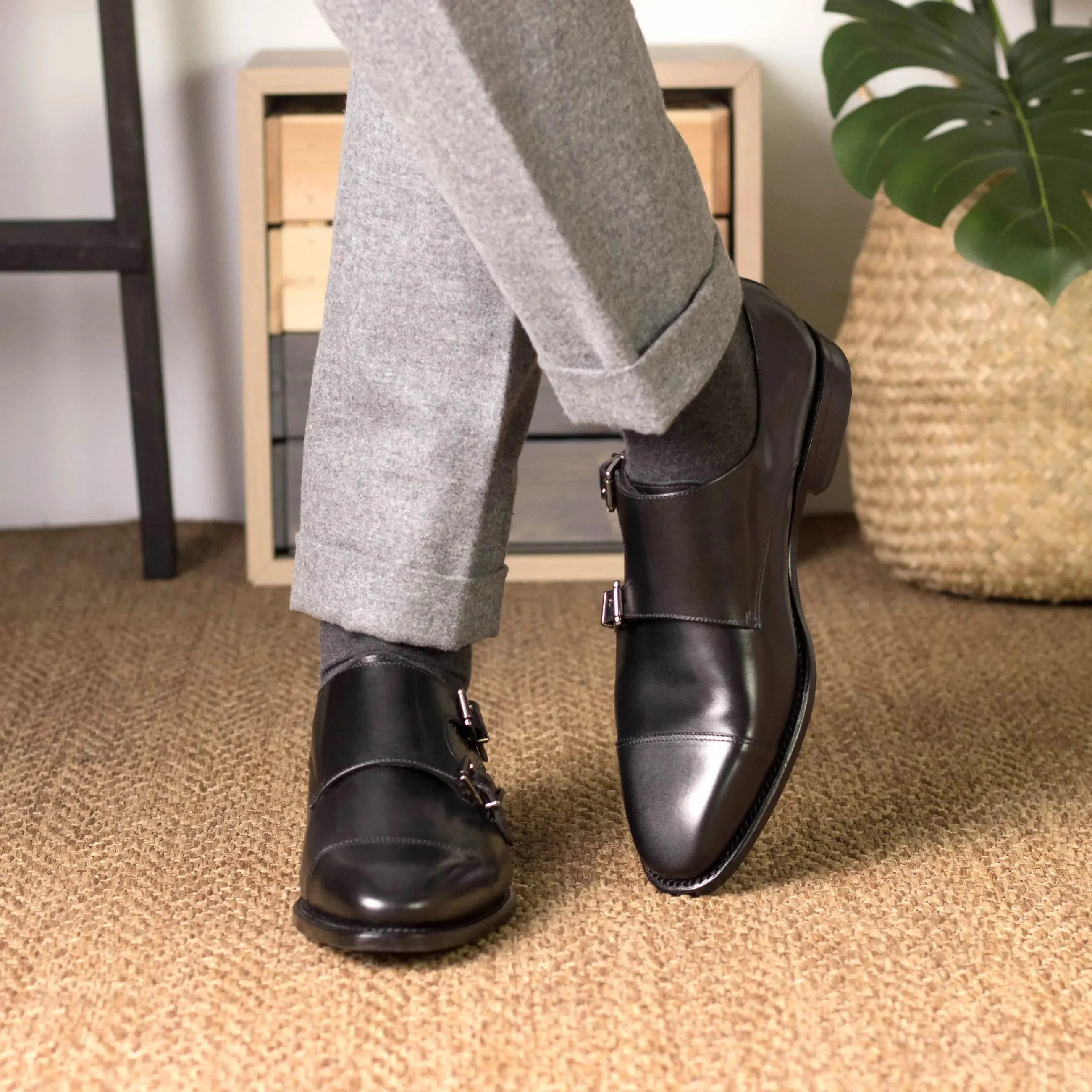 Dapperfam Shoes DapperFam Monaco in Black Men's Italian Leather Double Monk