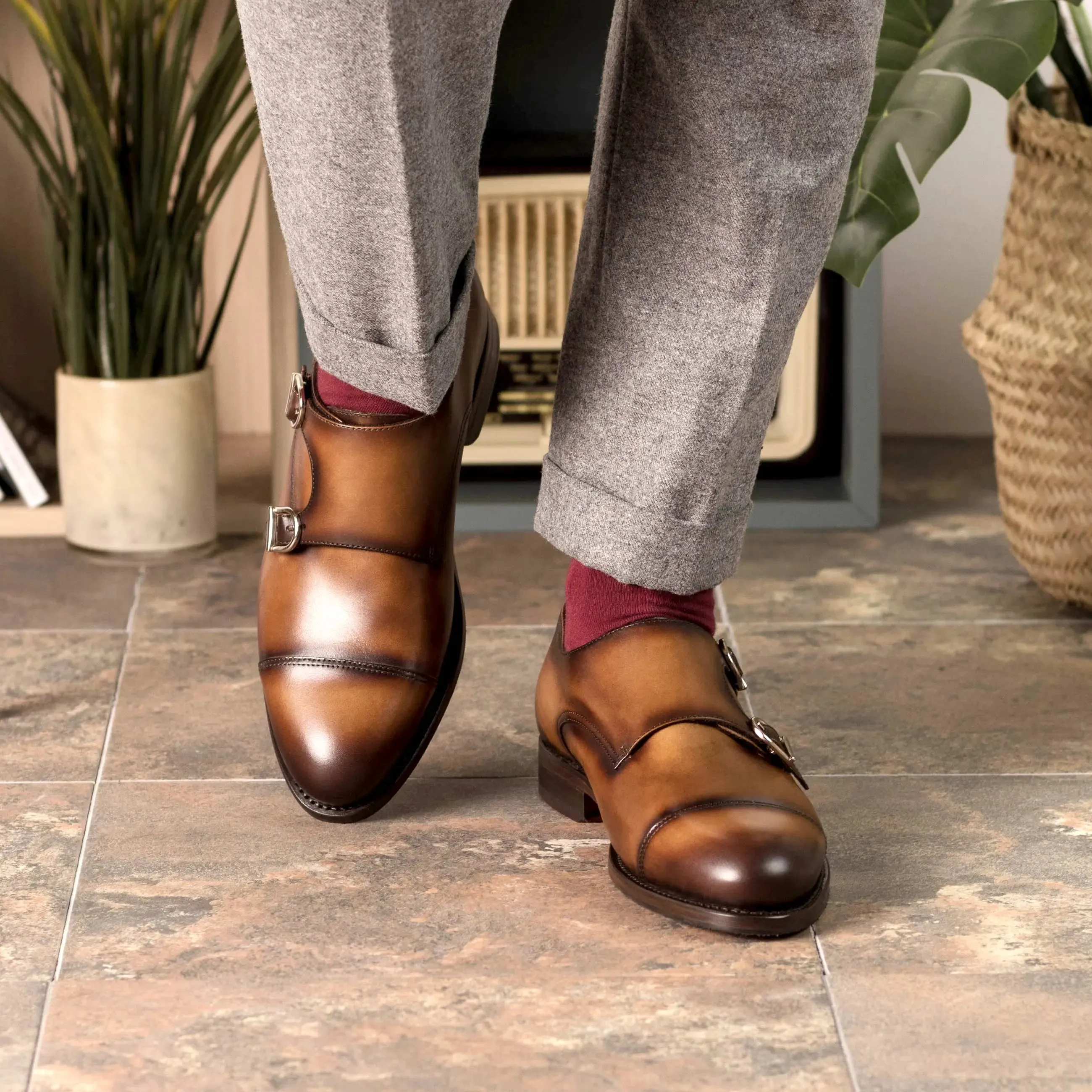Dapperfam Shoes DapperFam Monaco in Cognac Men's Italian Leather Double Monk