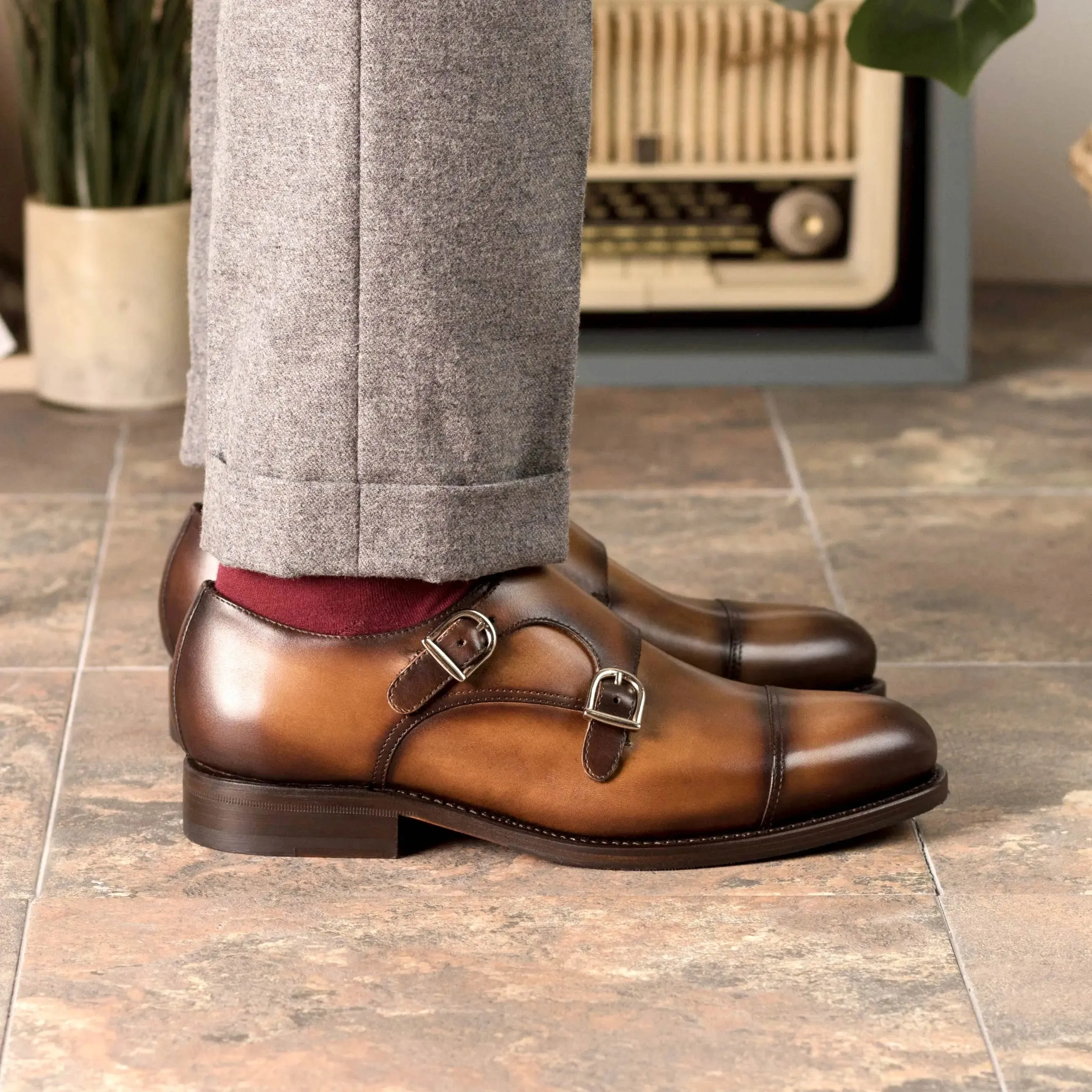 Dapperfam Shoes DapperFam Monaco in Cognac Men's Italian Leather Double Monk