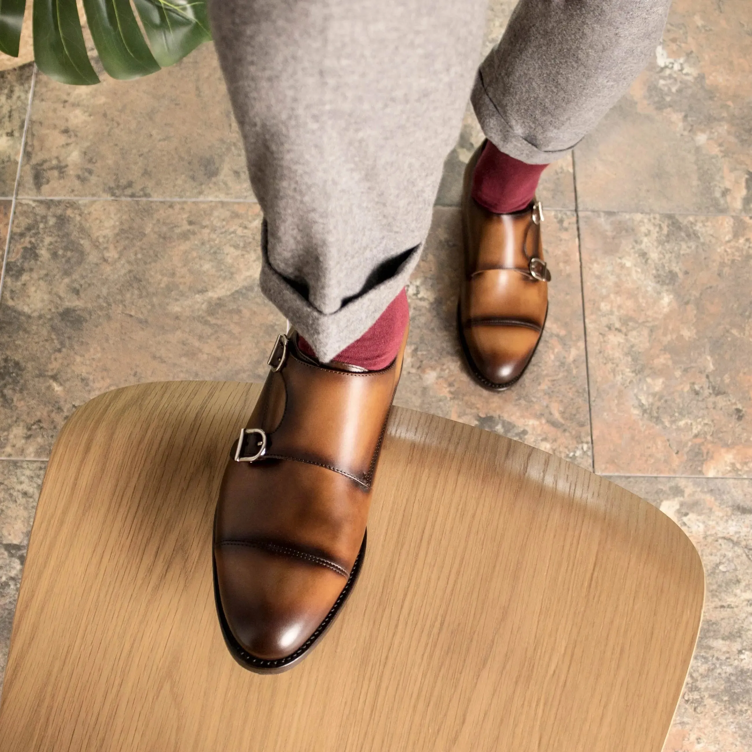 Dapperfam Shoes DapperFam Monaco in Cognac Men's Italian Leather Double Monk