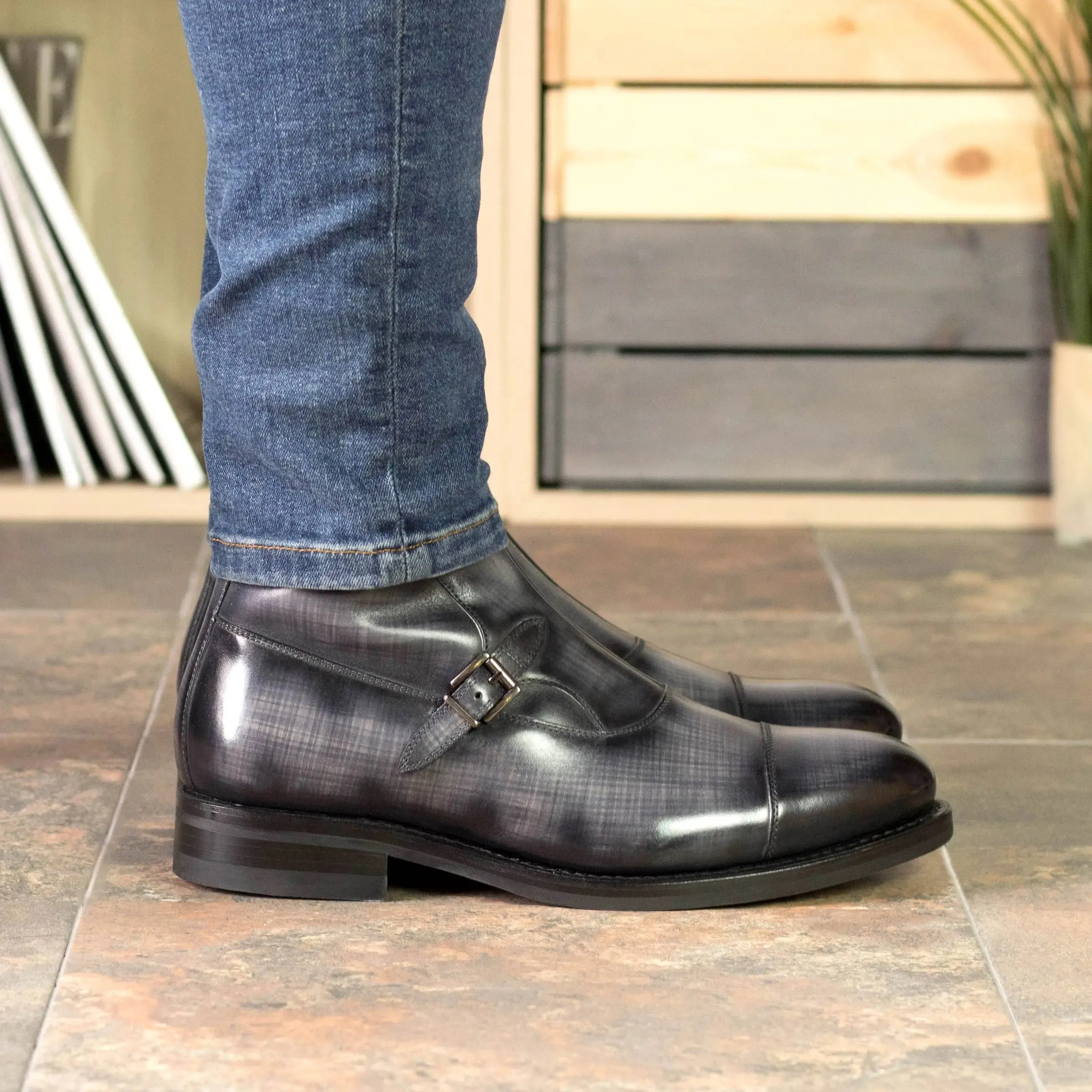 Dapperfam Shoes DapperFam Octavian in Grey Men's Hand-Painted Patina Buckle Boot