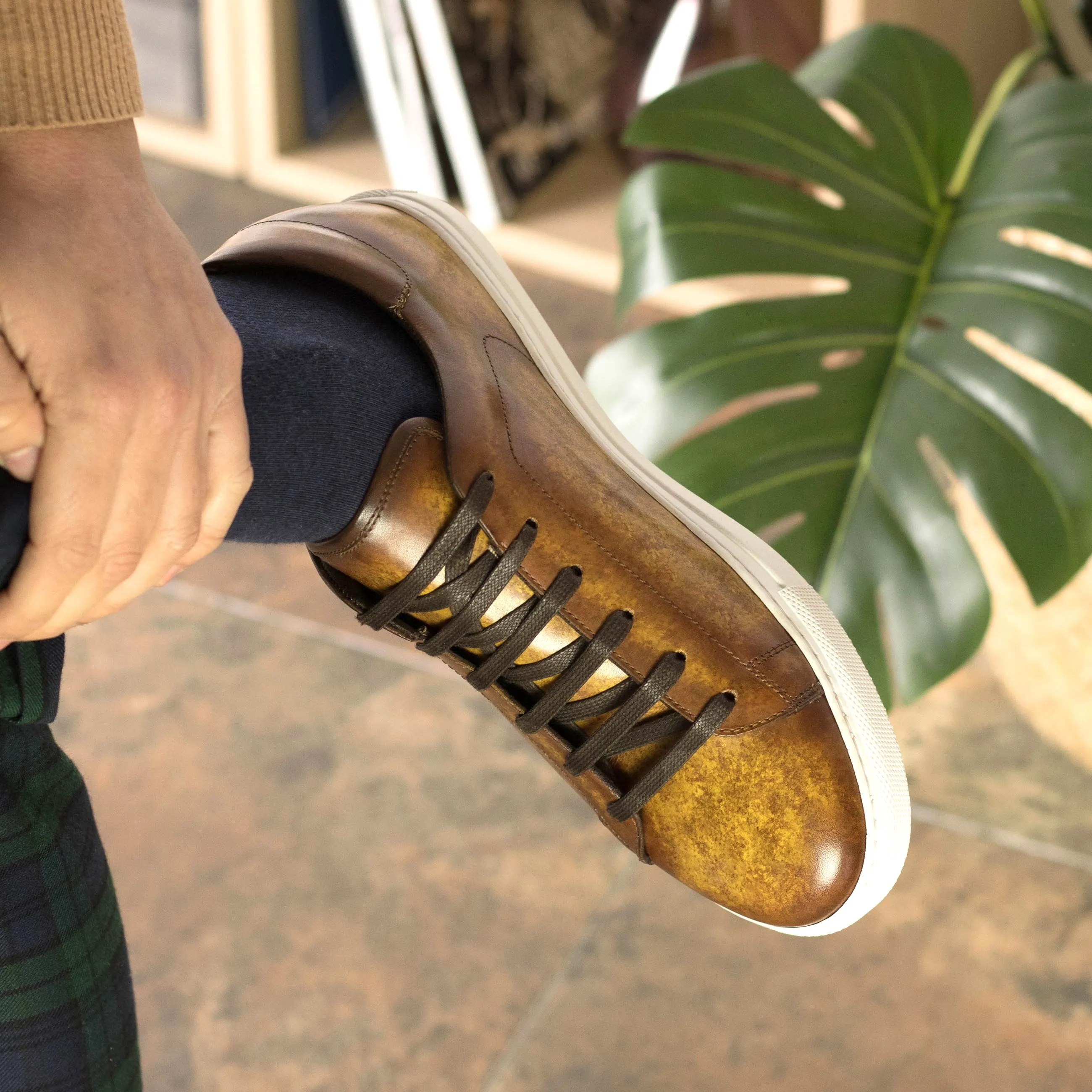 Dapperfam Shoes DapperFam Rivale in Cognac Men's Hand-Painted Patina Trainer