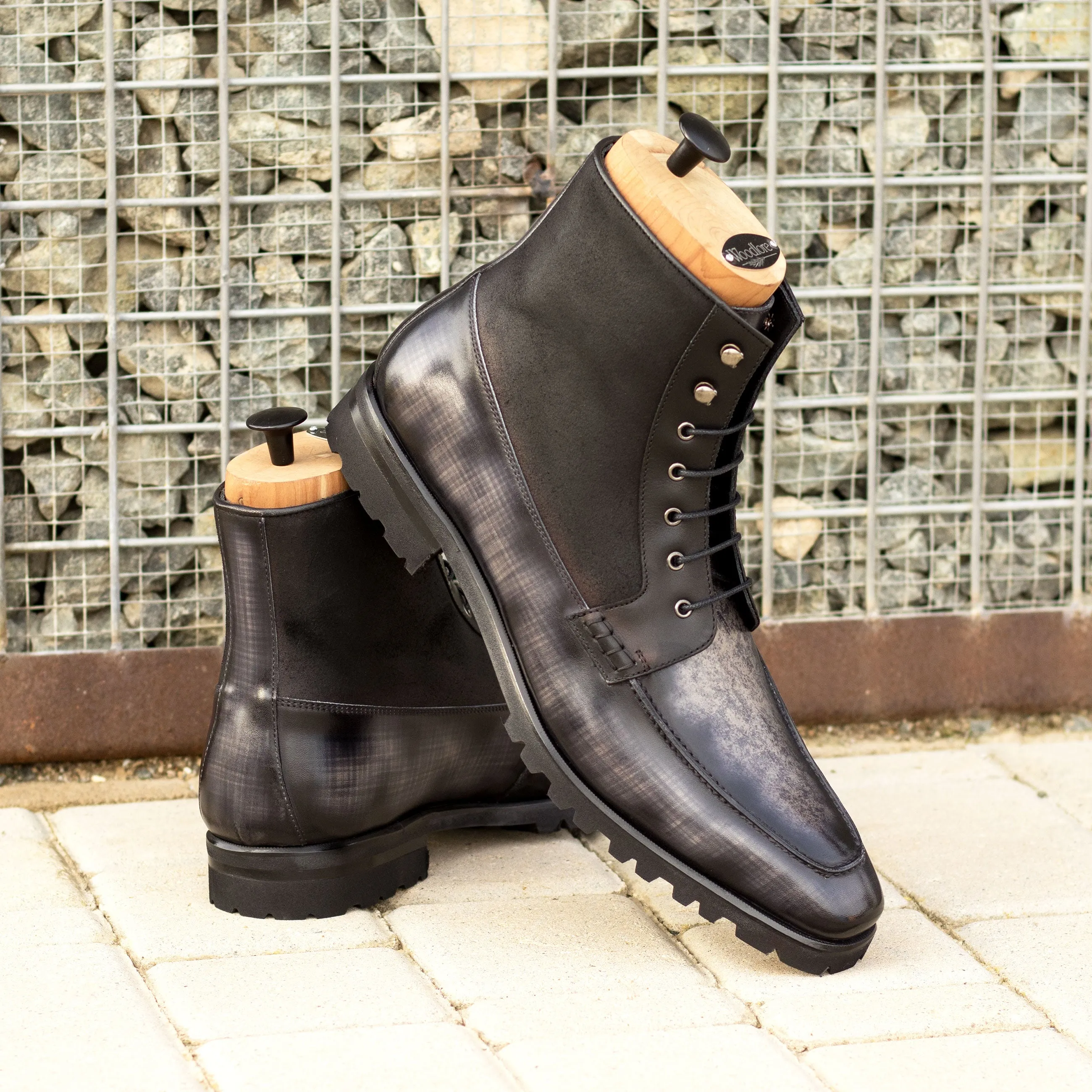 Dapperfam Shoes DapperFam Ryker in Black / Grey Men's Italian Leather & Hand-Painted Patina Moc Boot