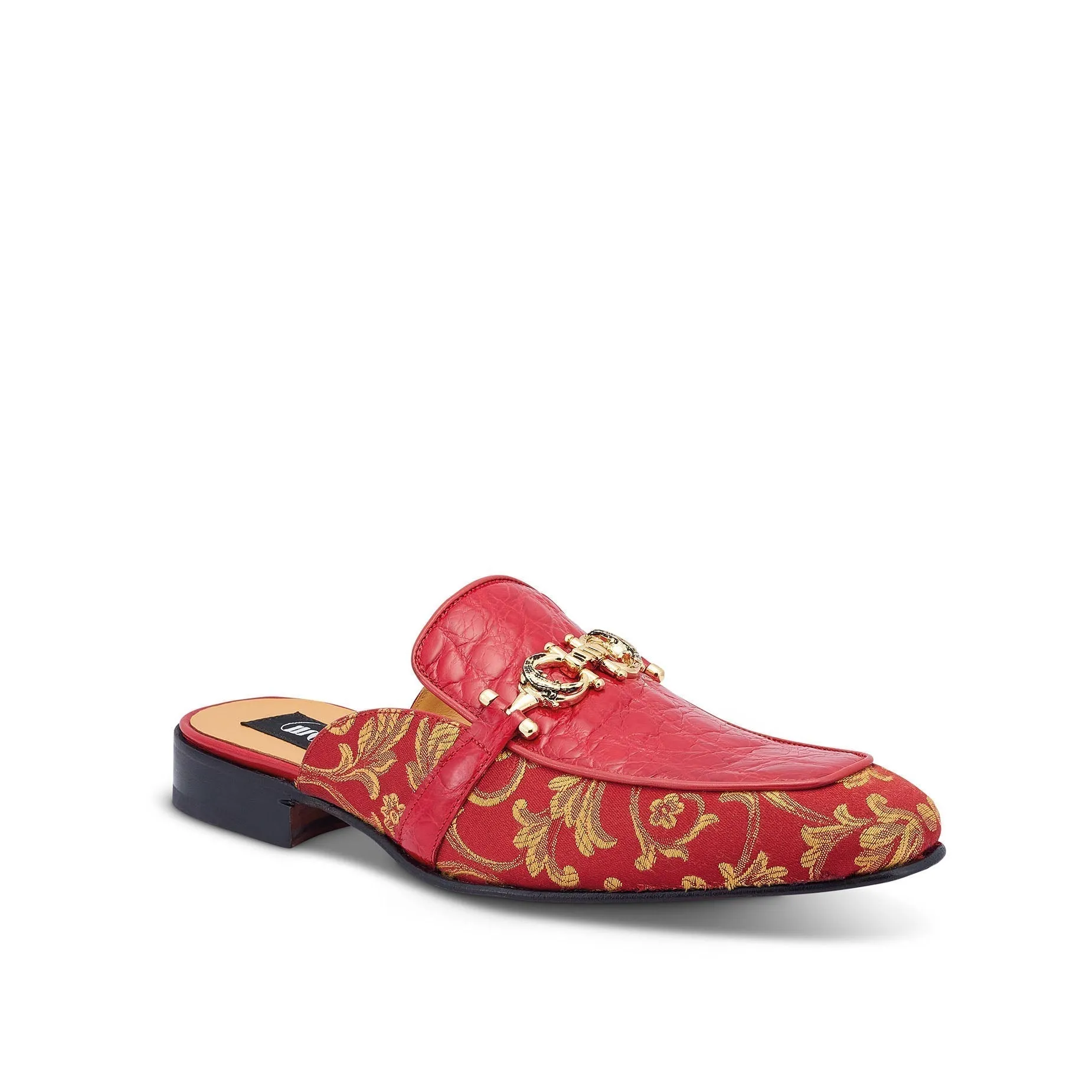 Mauri Shoes Mauri Bermuda in Red Mens Exotic Alligator / Gobelins Fabric High End Horsebit Mules