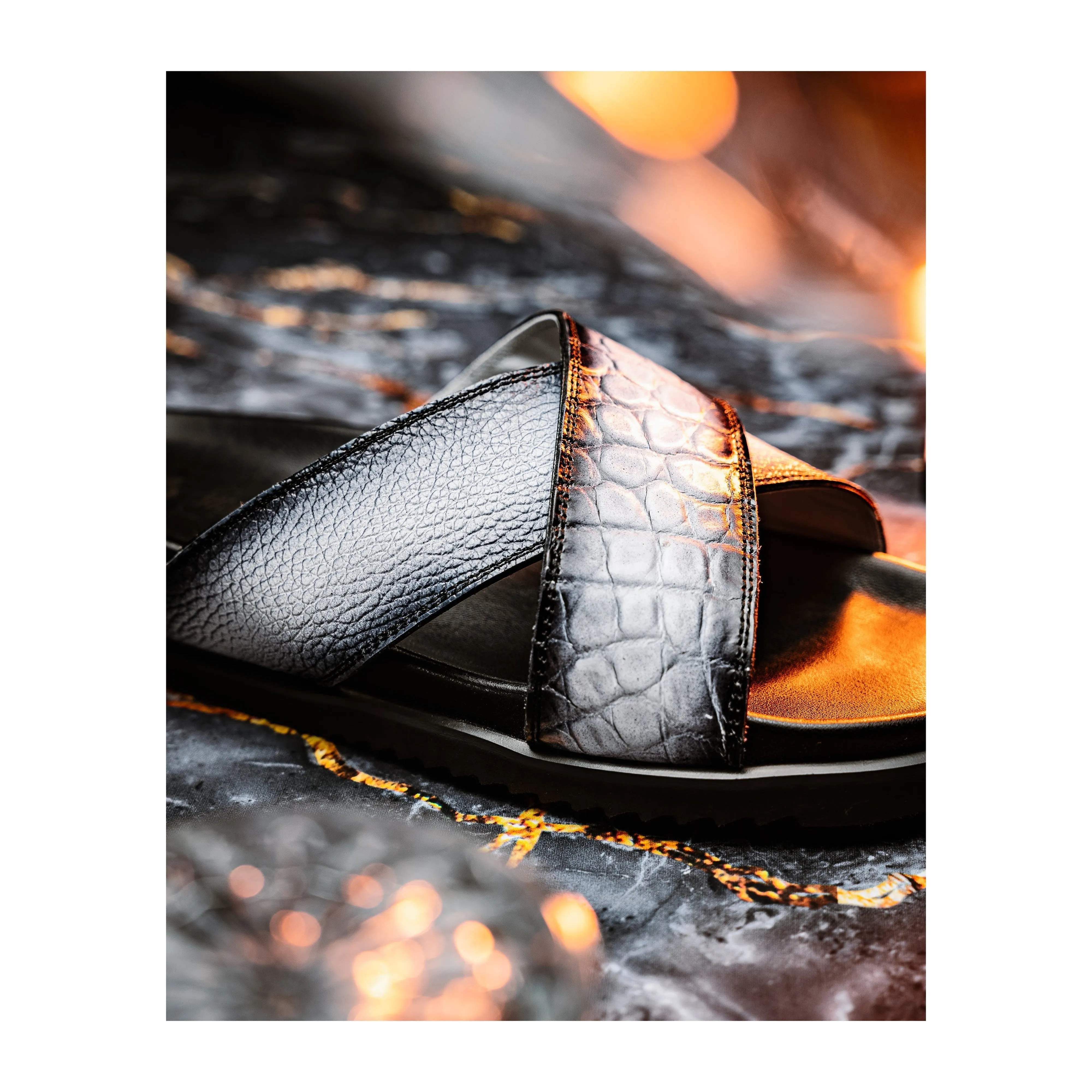 Mauri Shoes Mauri Coral in White / Dirty Black Mens Exotic Alligator / Time Leather Slip-on Sandals