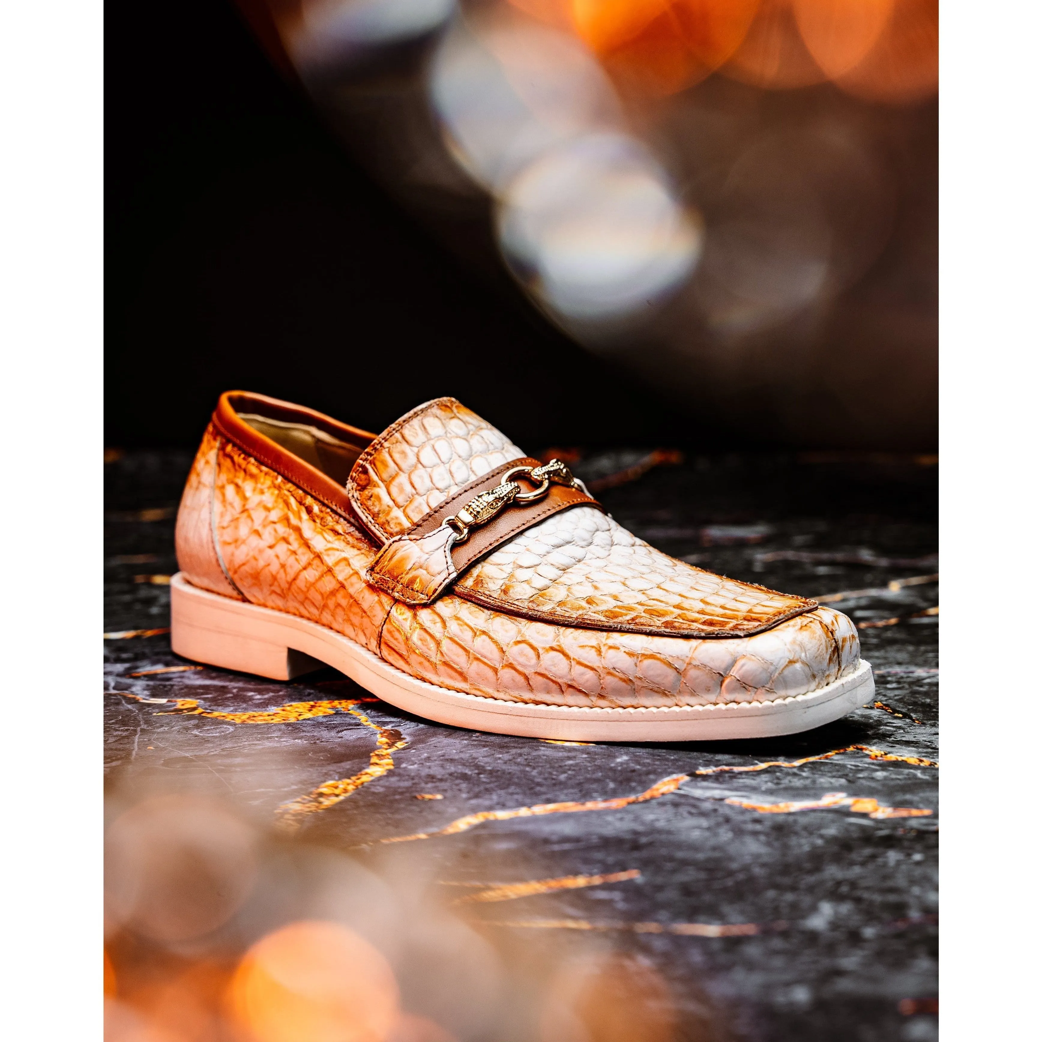 Mauri Shoes Mauri Debonair in White / Dirty Cognac Mens Exotic Alligator / Nappa Leather Horsebit Loafers