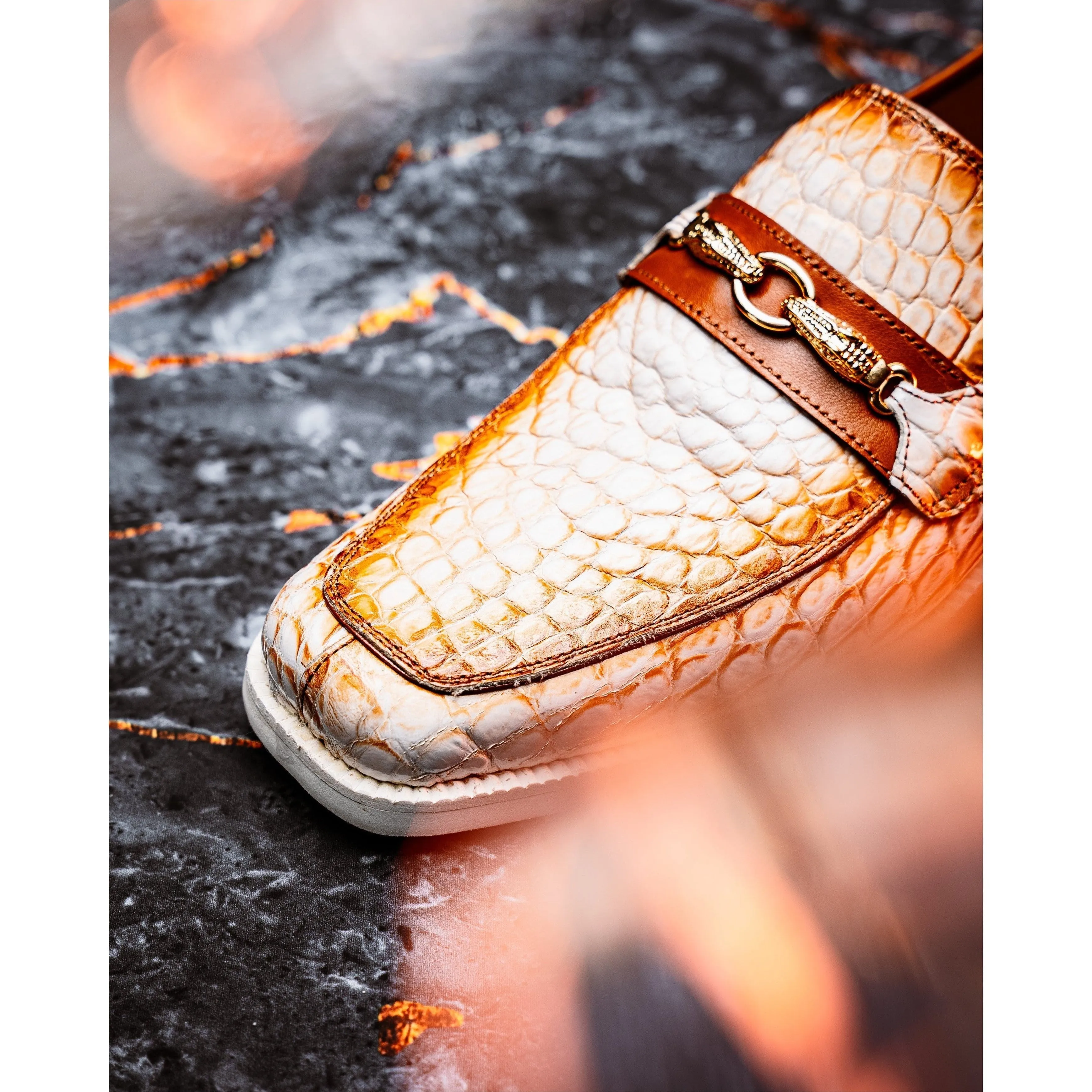 Mauri Shoes Mauri Debonair in White / Dirty Cognac Mens Exotic Alligator / Nappa Leather Horsebit Loafers