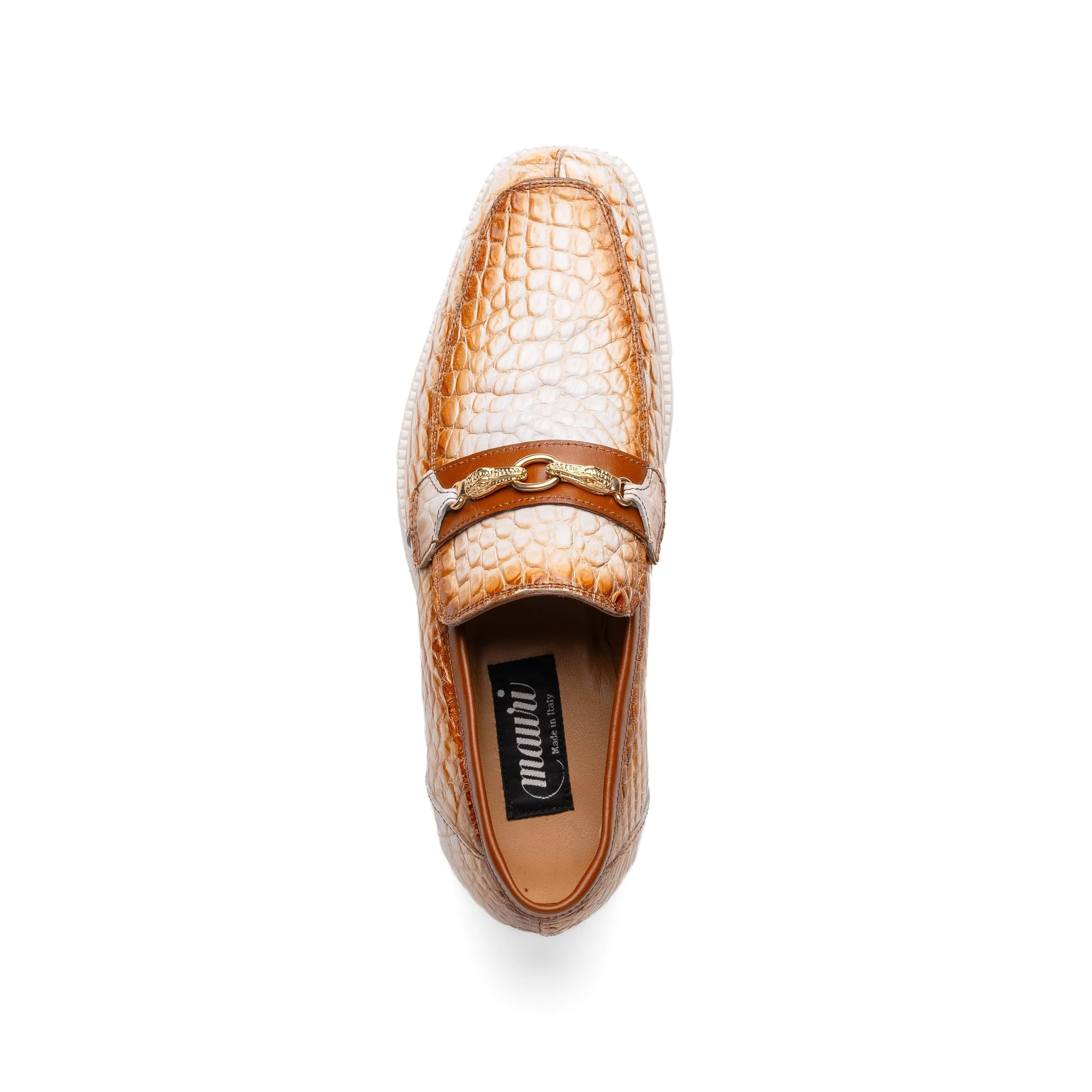 Mauri Shoes Mauri Debonair in White / Dirty Cognac Mens Exotic Alligator / Nappa Leather Horsebit Loafers