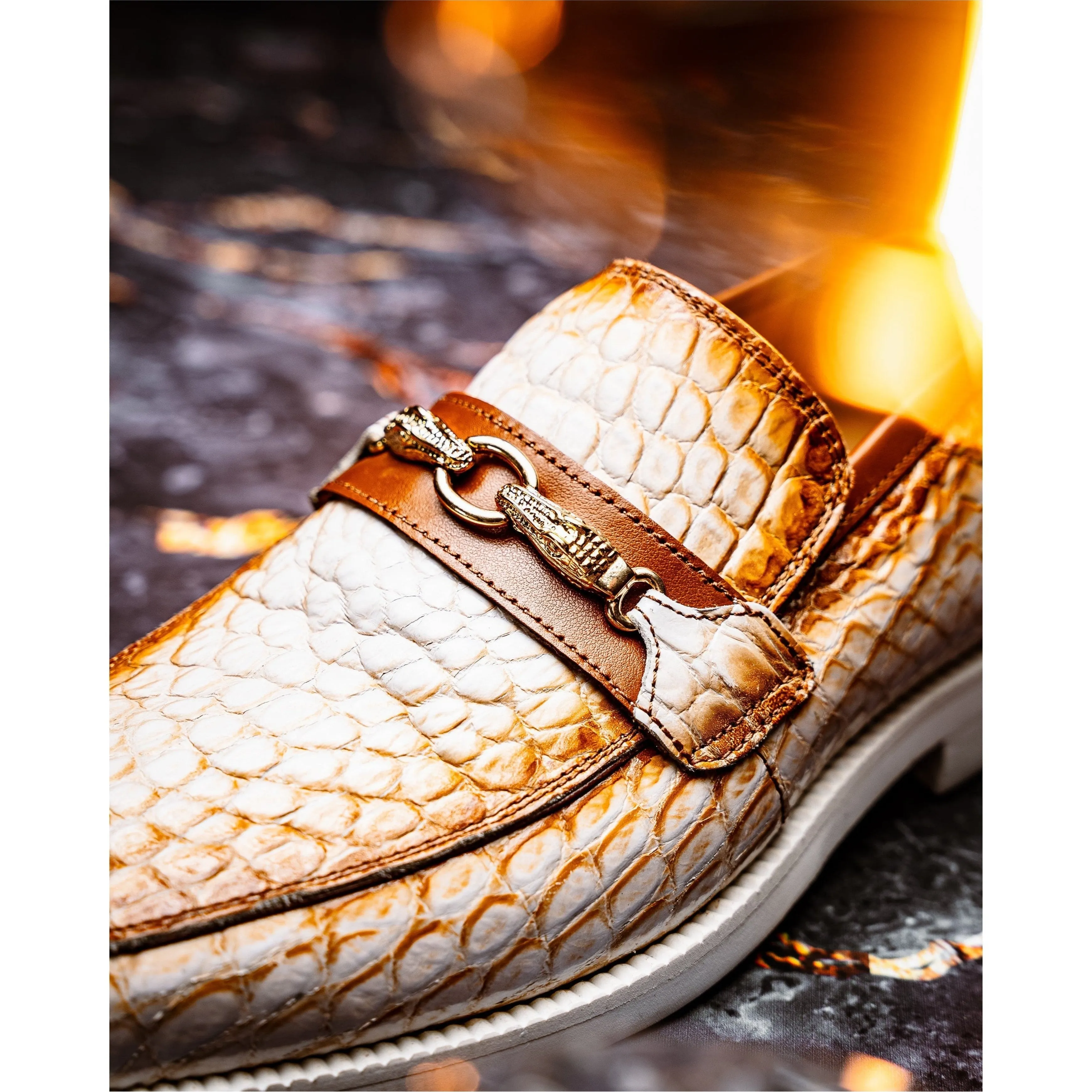 Mauri Shoes Mauri Debonair in White / Dirty Cognac Mens Exotic Alligator / Nappa Leather Horsebit Loafers