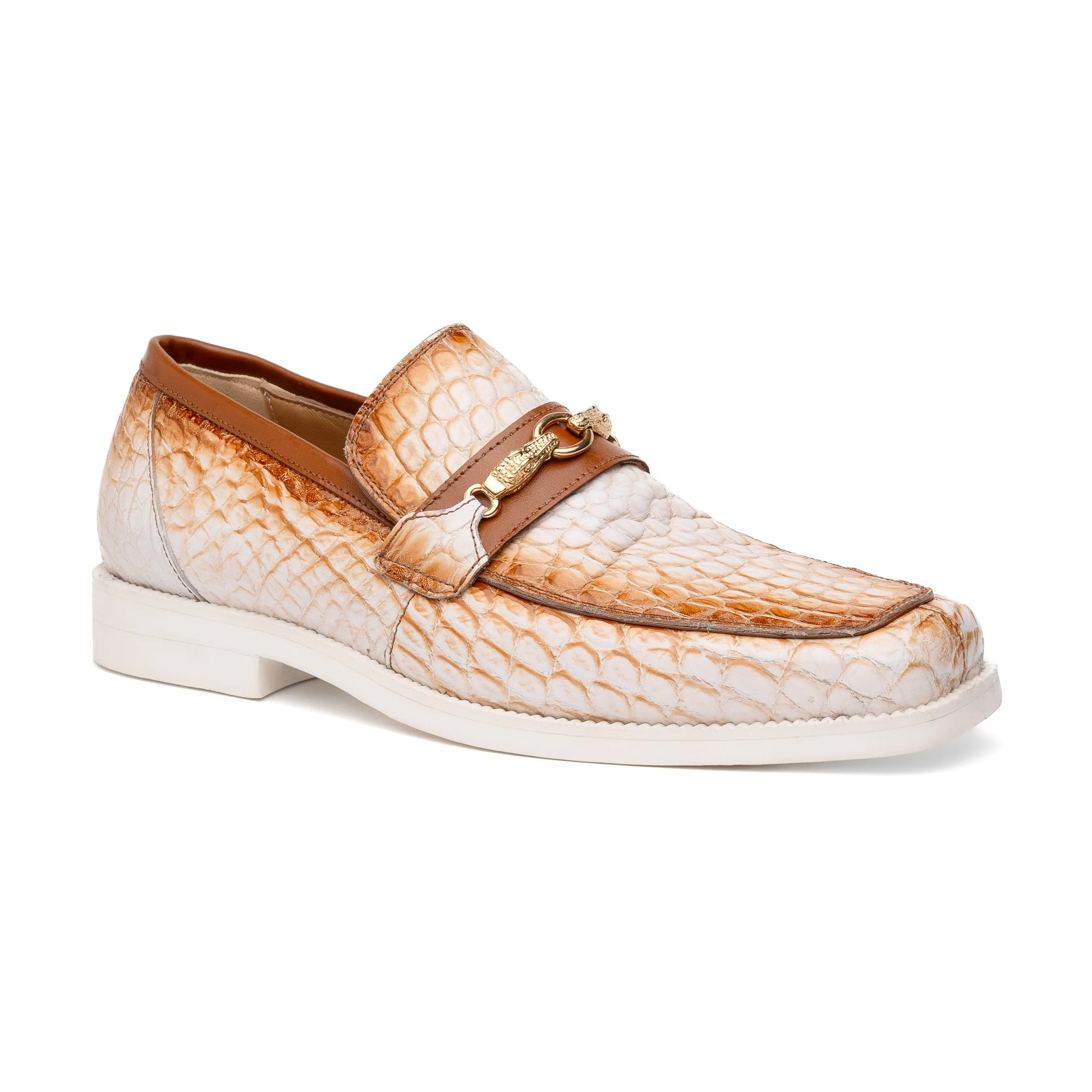 Mauri Shoes Mauri Debonair in White / Dirty Cognac Mens Exotic Alligator / Nappa Leather Horsebit Loafers