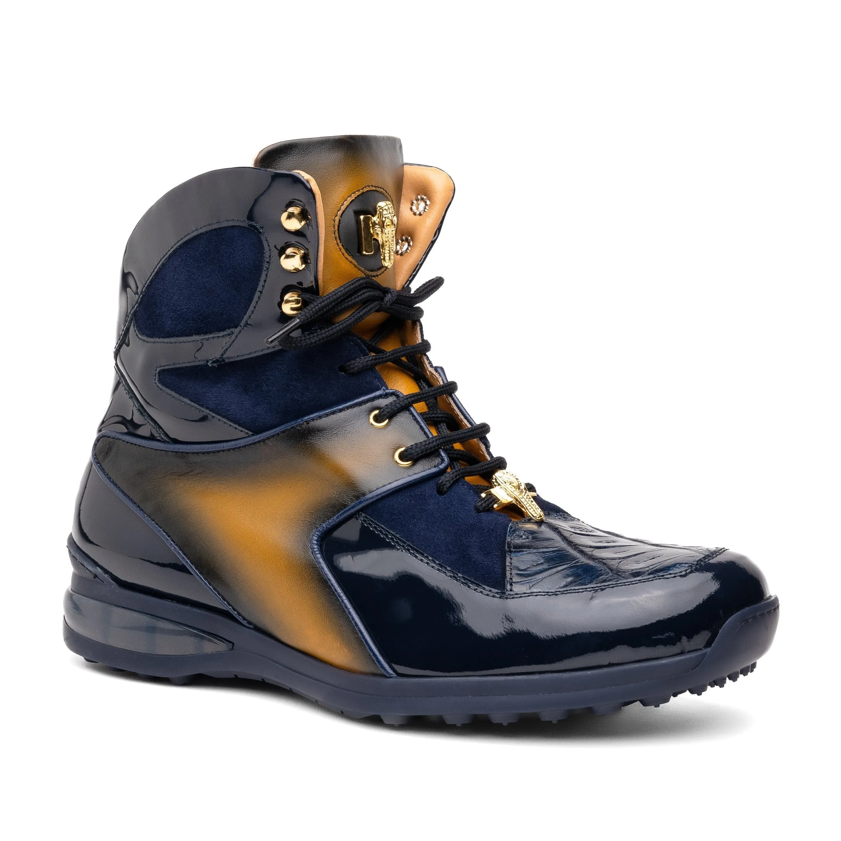Mauri Shoes Mauri Diamond in Wonder Blue / Toffee / Dirty Wonder Blue Mens Exotic Crocodile / Suede / Nappa / Patent Leather High-Top Sneakers