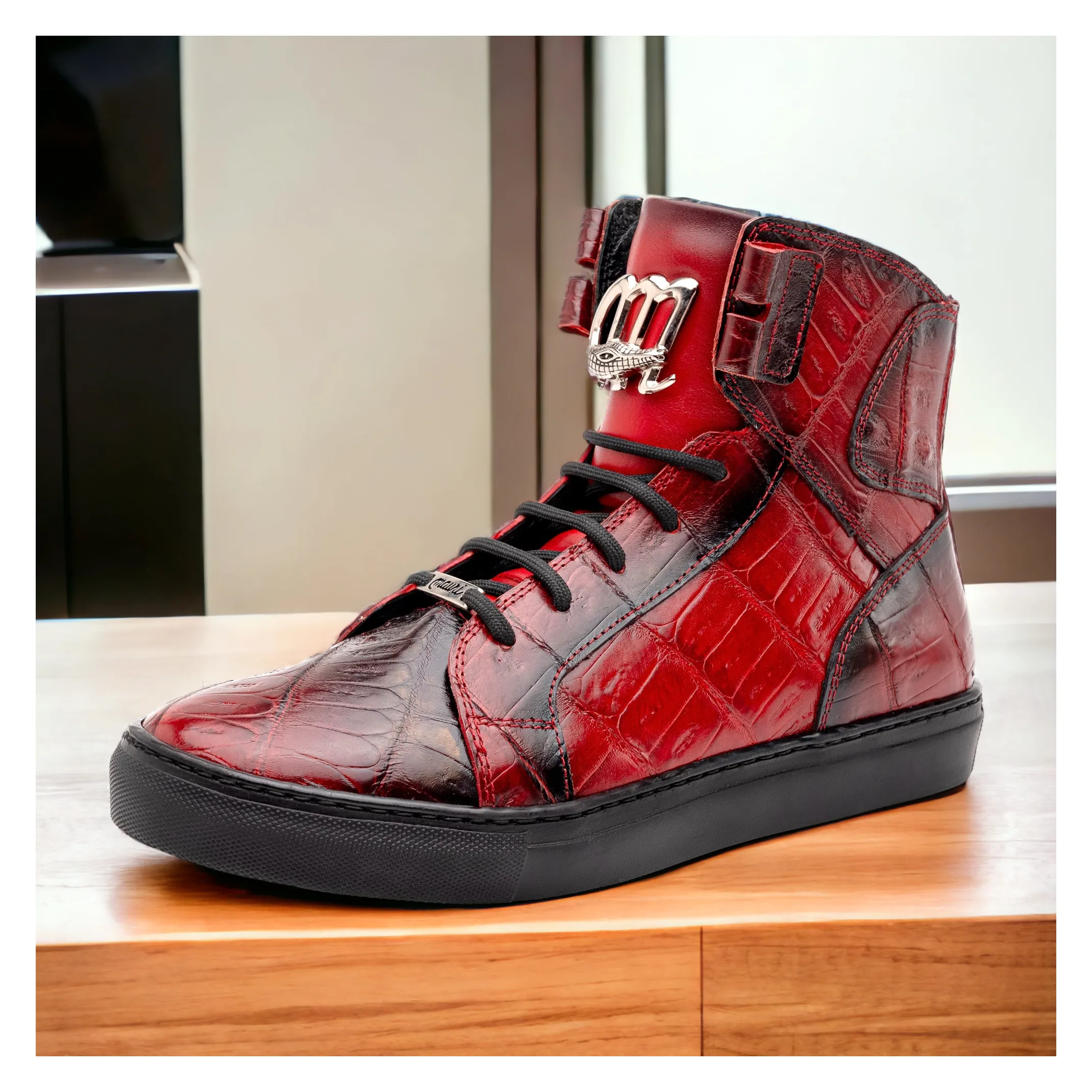 Mauri Shoes Mauri Golden Boy in Red / Dirty Black Mens Exotic Crocodile / Nappa Leather High-Top Sneakers