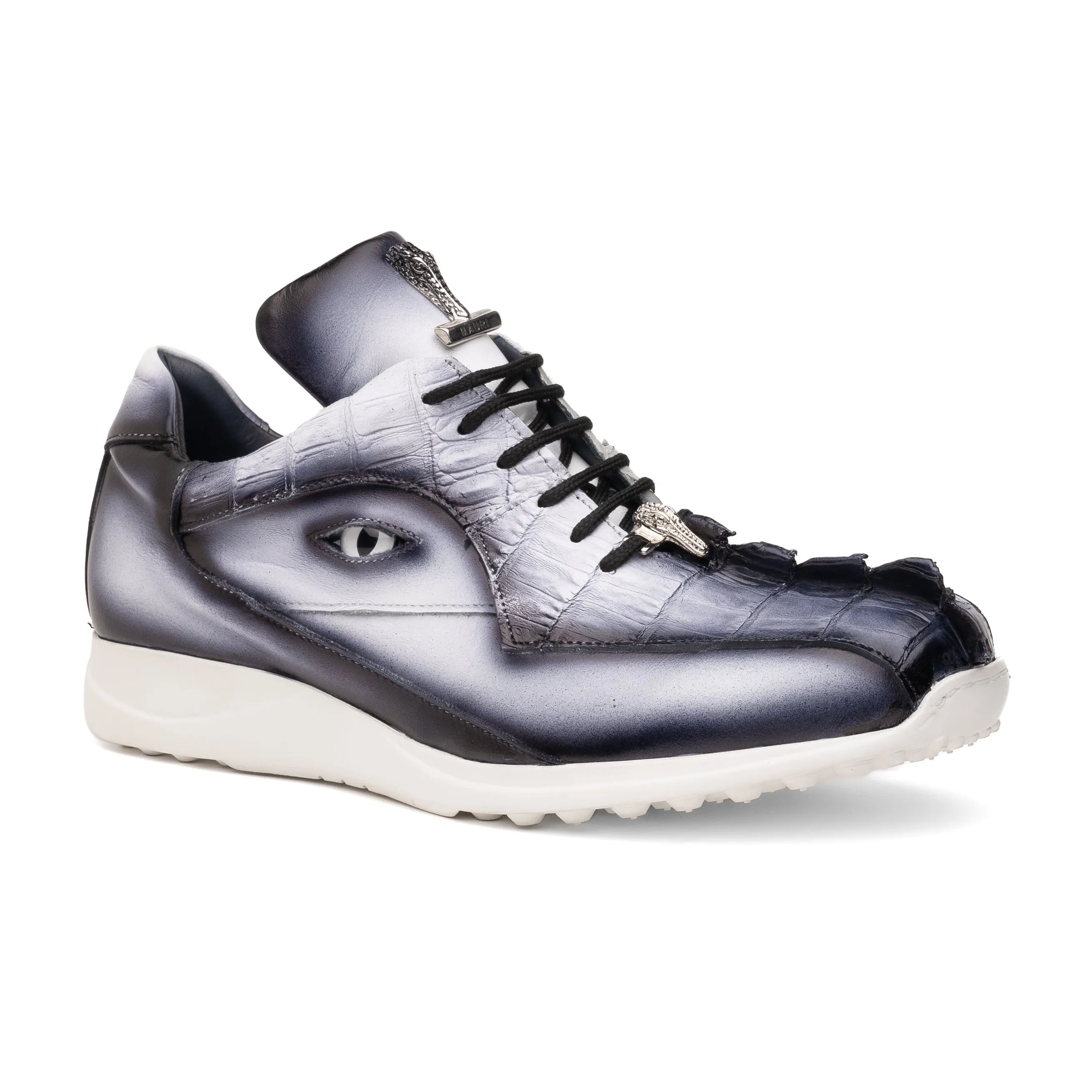 Mauri Shoes Mauri Hazard in White / Dirty Black Finished Mens Exotic Hornback / Nappa Leather Casual Sneakers