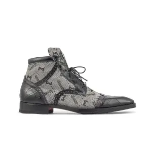 Mauri Shoes Mauri Jetset in Black / Grey Mens Exotic Alligator / Ostrich Leg / Mauri Fabric Derby Boots