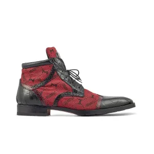 Mauri Shoes Mauri Jetset in Black / Ruby Red Mens Exotic Alligator / Ostrich Leg / Mauri Fabric Derby Boots