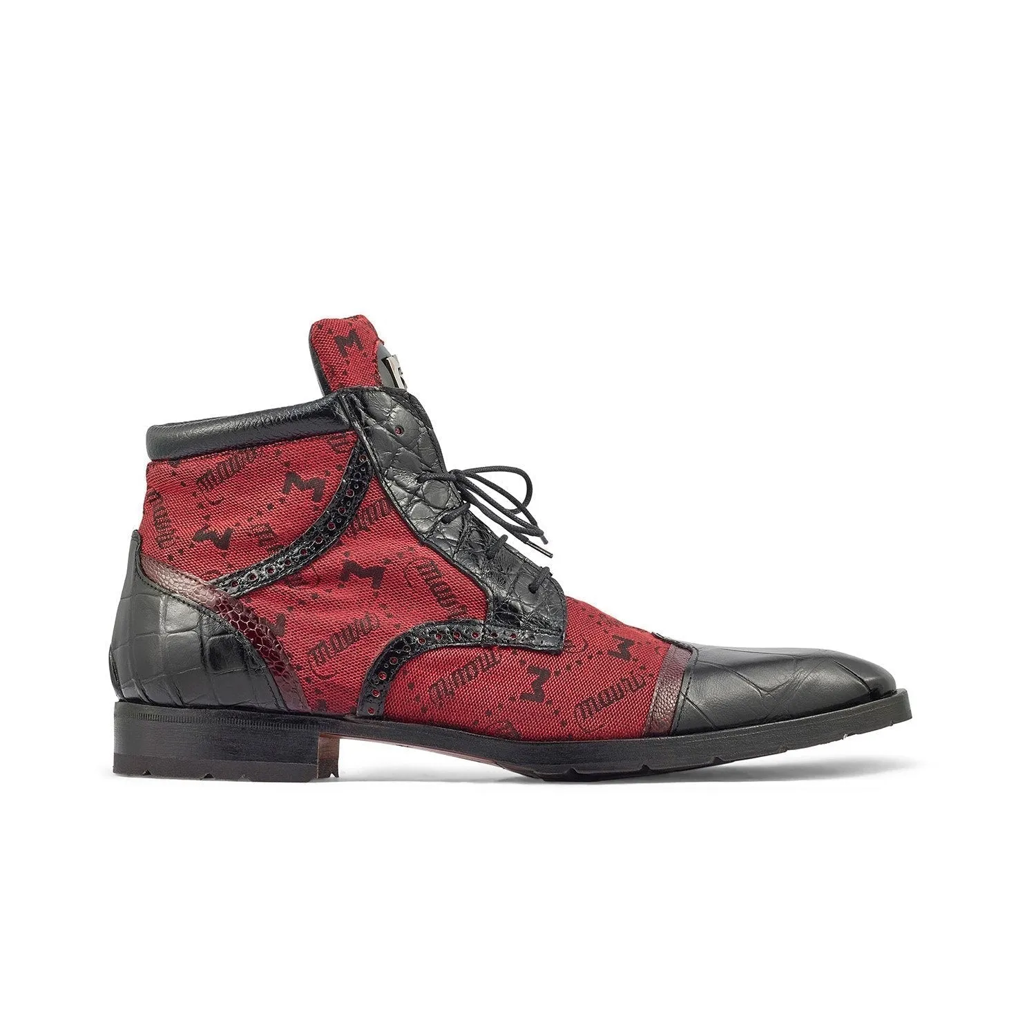 Mauri Shoes Mauri Jetset in Black / Ruby Red Mens Exotic Alligator / Ostrich Leg / Mauri Fabric Derby Boots