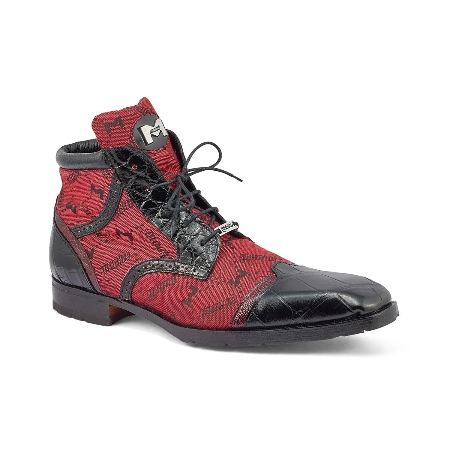 Mauri Shoes Mauri Jetset in Black / Ruby Red Mens Exotic Alligator / Ostrich Leg / Mauri Fabric Derby Boots