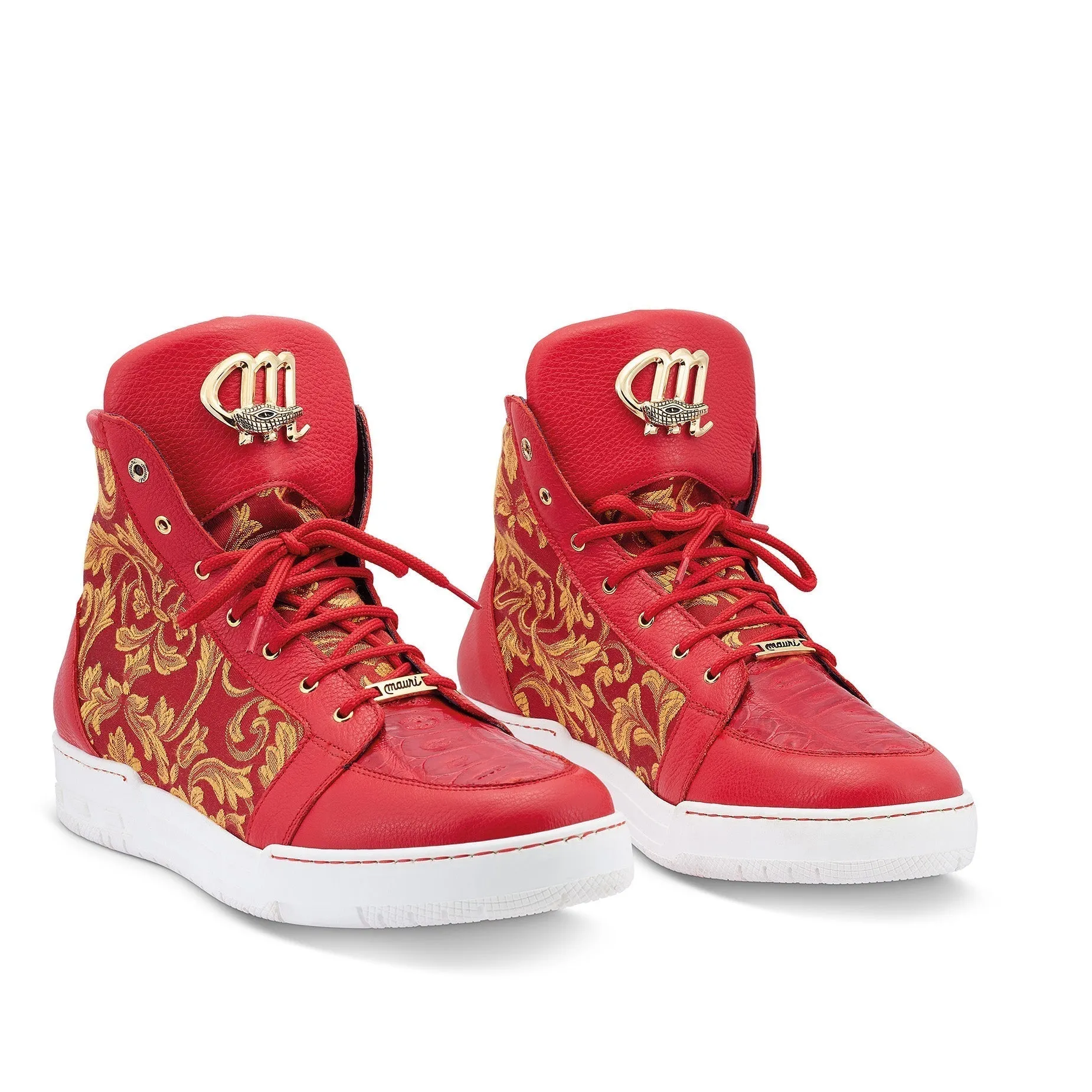 Mauri Shoes Mauri Kingpin in Red Mens Exotic Crocodile/ Calf-Skin Leather / Gobelins Fabric Hightop Sneakers