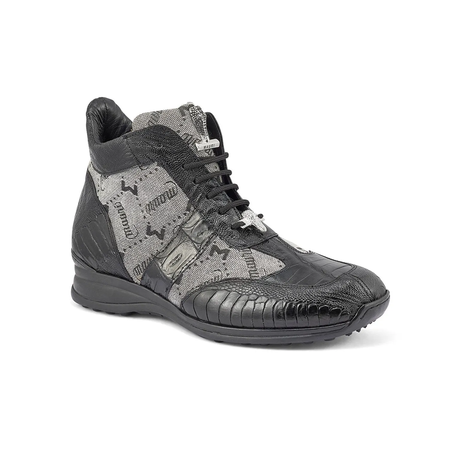 Mauri Shoes Mauri Signature in Black / Grey Mens Ostrich Leg / Baby Croc / Mauri Fabric / Nappa Leather Casual High Top Sneakers