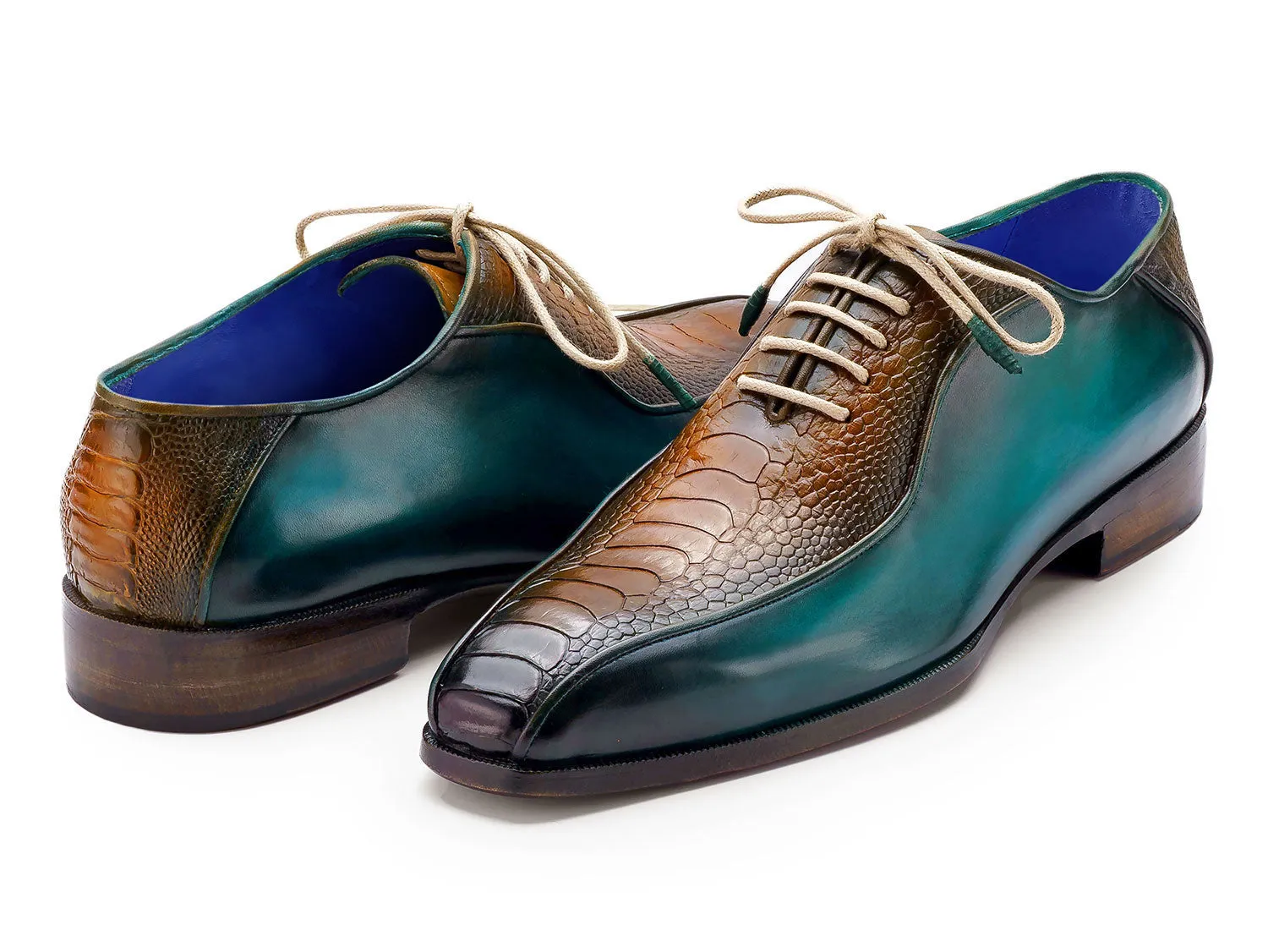 Paul Parkman Shoes Paul Parkman Men's Genuine Ostrich Leg Bicycle Toe Oxfords in Green & Brown