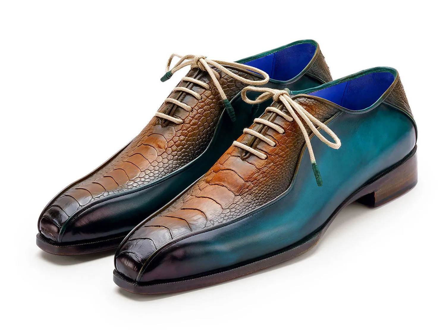 Paul Parkman Shoes Paul Parkman Men's Genuine Ostrich Leg Bicycle Toe Oxfords in Green & Brown