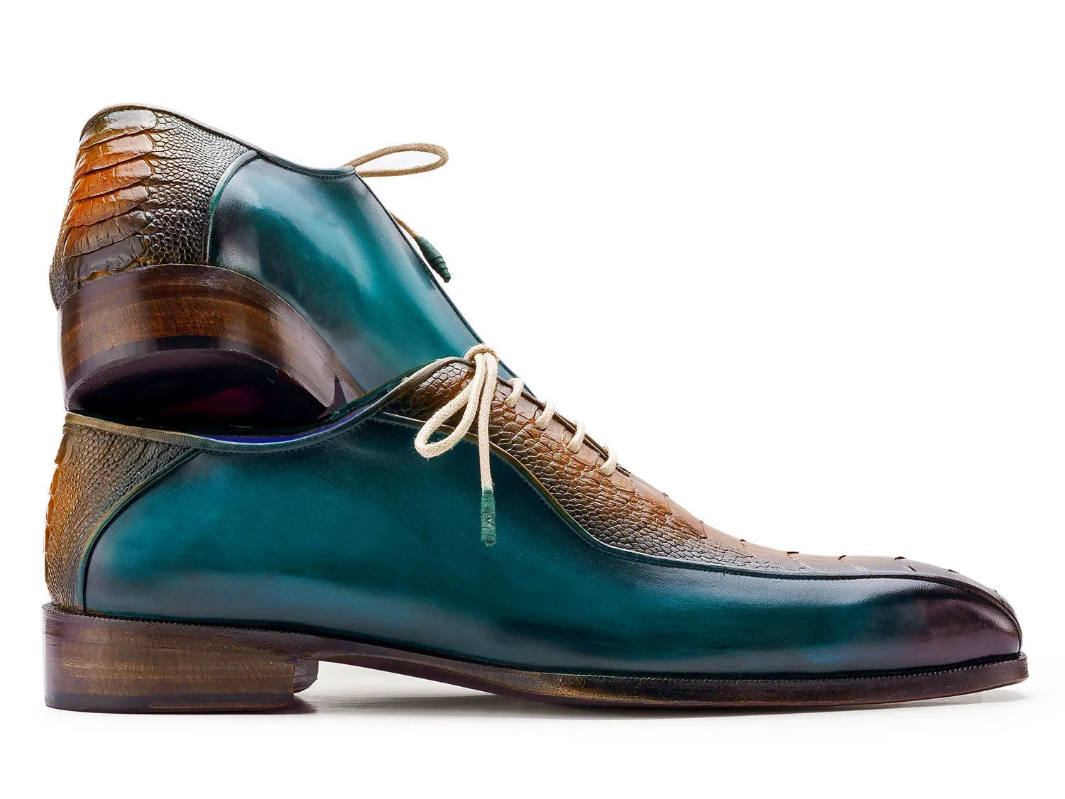 Paul Parkman Shoes Paul Parkman Men's Genuine Ostrich Leg Bicycle Toe Oxfords in Green & Brown