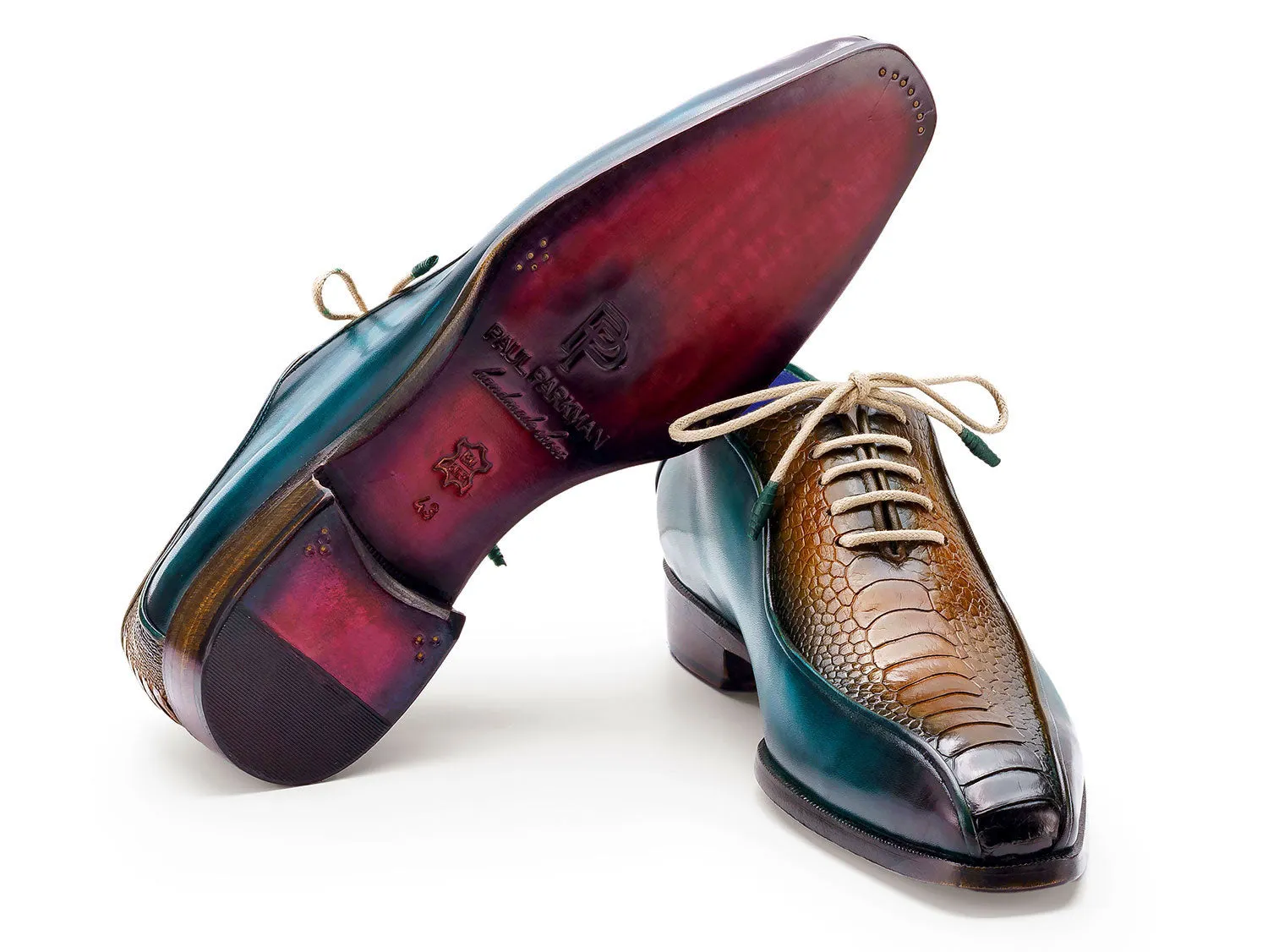 Paul Parkman Shoes Paul Parkman Men's Genuine Ostrich Leg Bicycle Toe Oxfords in Green & Brown