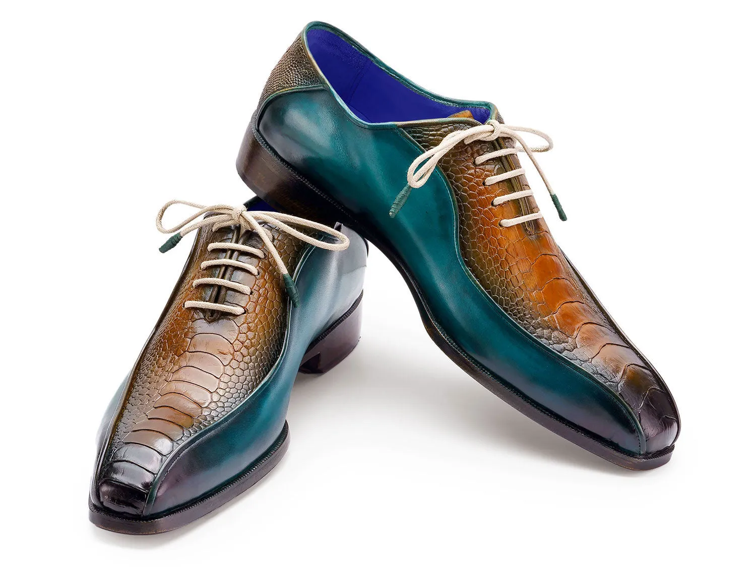 Paul Parkman Shoes Paul Parkman Men's Genuine Ostrich Leg Bicycle Toe Oxfords in Green & Brown