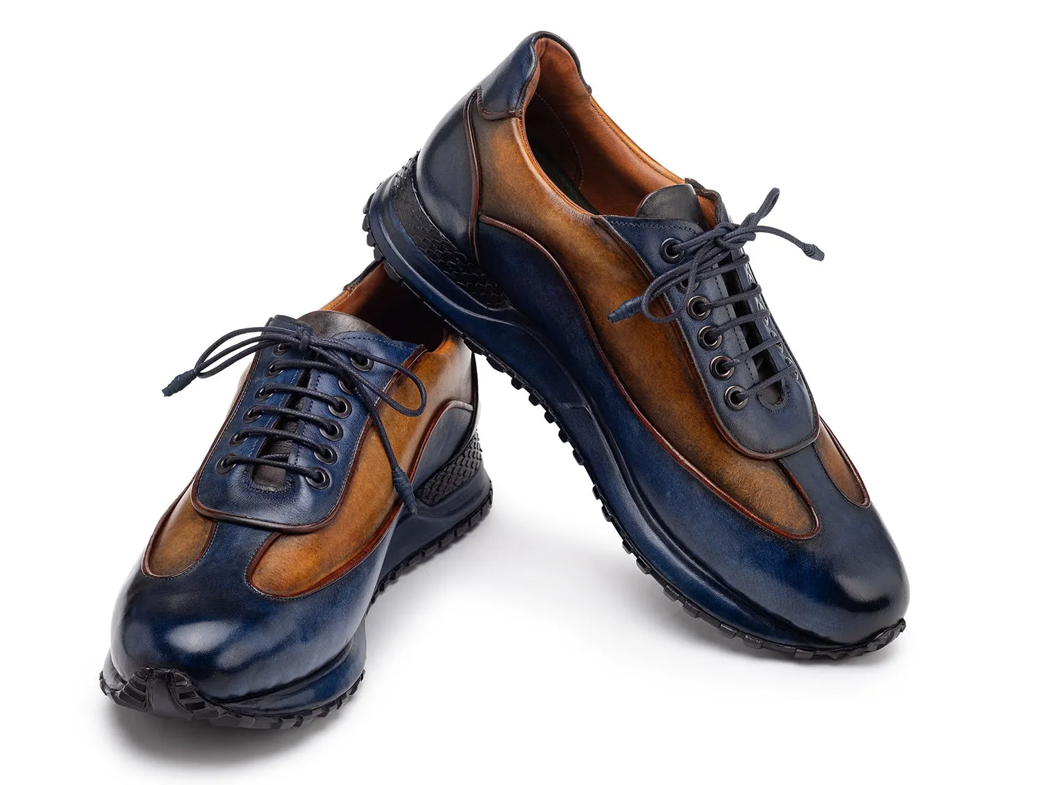 Paul Parkman Shoes Paul Parkman Men's Patina Leather Sneakers in Blue & Camel