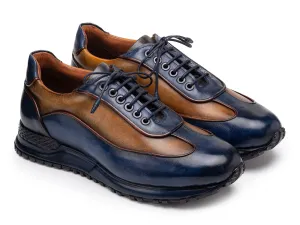 Paul Parkman Shoes Paul Parkman Men's Patina Leather Sneakers in Blue & Camel