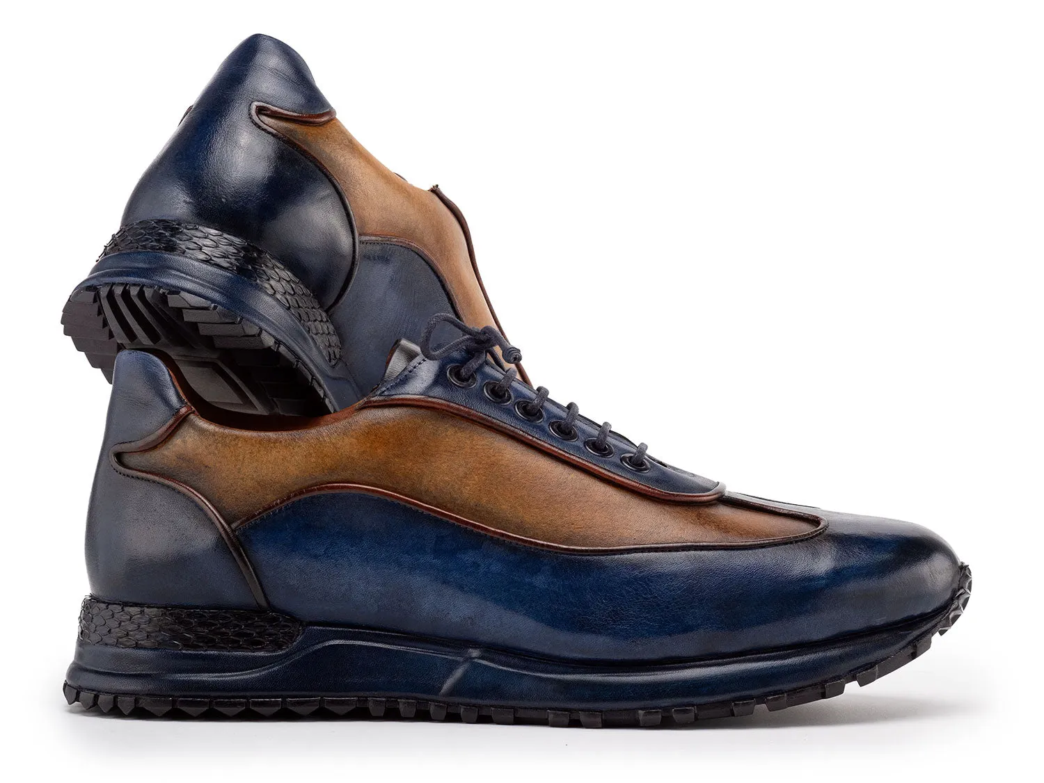 Paul Parkman Shoes Paul Parkman Men's Patina Leather Sneakers in Blue & Camel