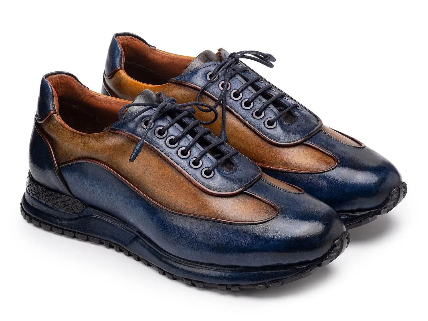 Paul Parkman Shoes Paul Parkman Men's Patina Leather Sneakers in Blue & Camel