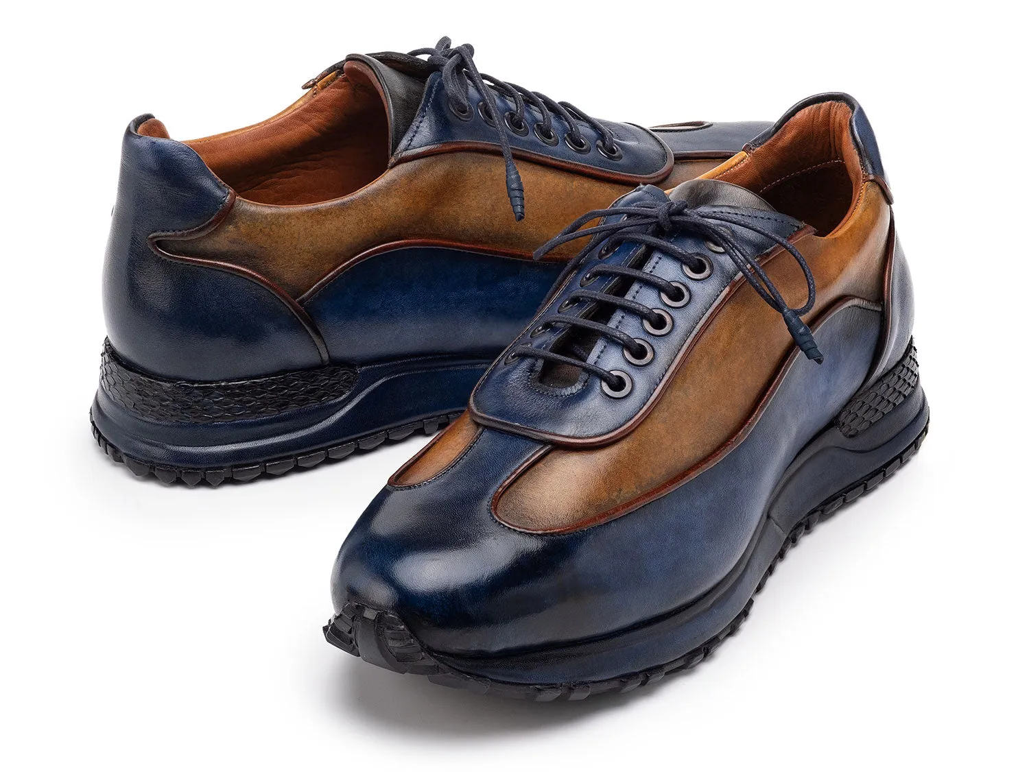 Paul Parkman Shoes Paul Parkman Men's Patina Leather Sneakers in Blue & Camel